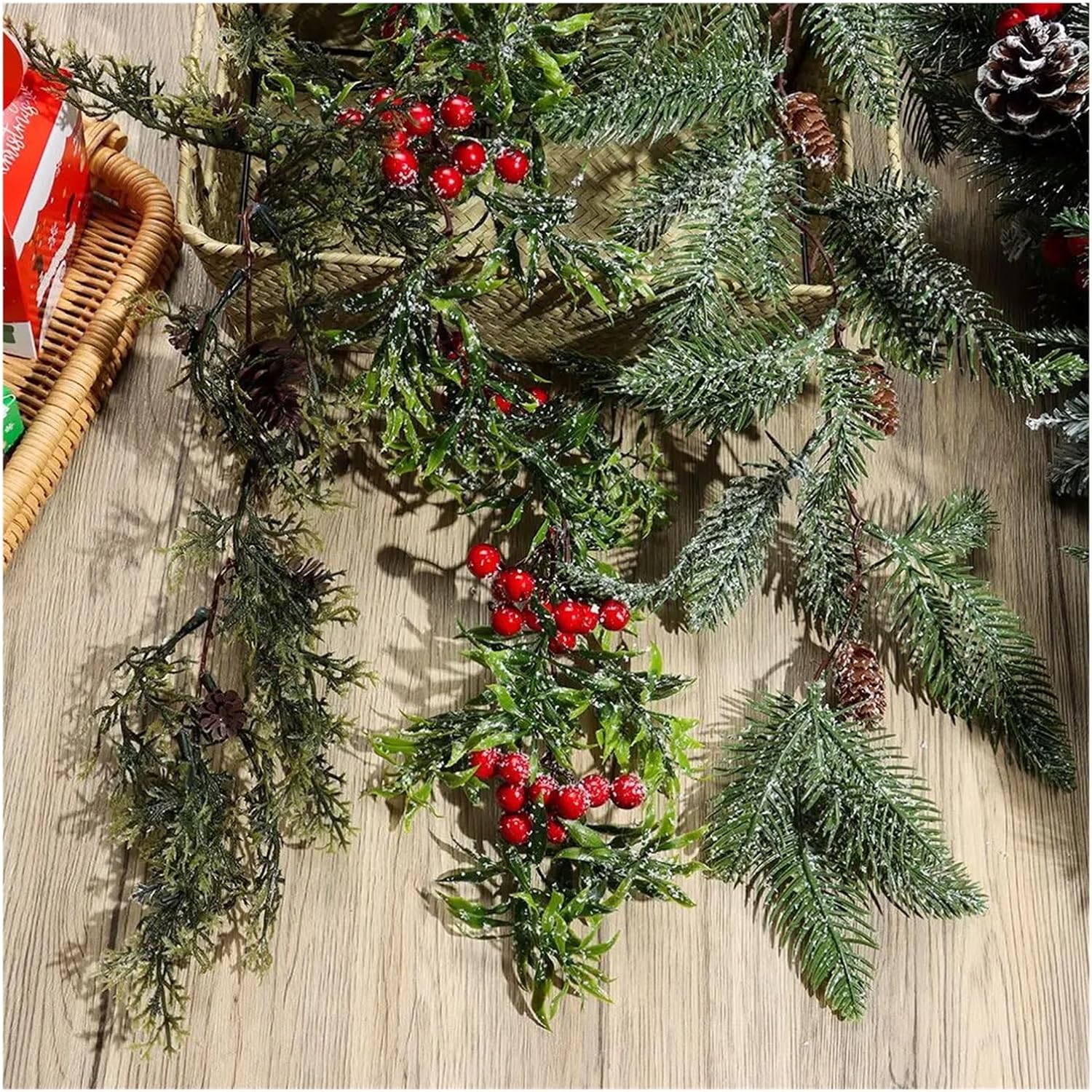 WHZHDMA Christmas Decorative Garland Hanging Wreath Artificial Red Berries Pine Cones Vine Wedding Party Fireplace Stairs Ornament Gift