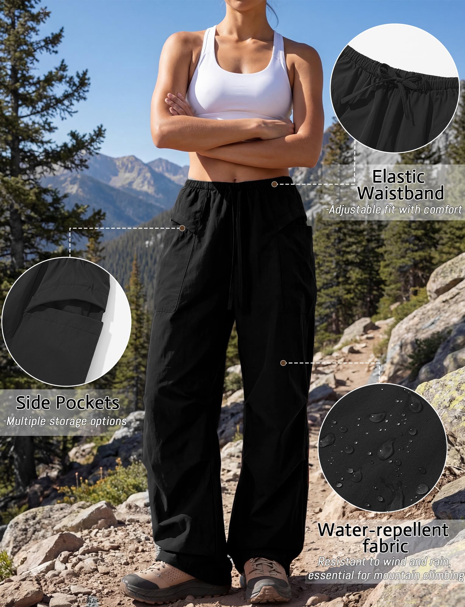 FEOYA Damen Baggy Parachute Pants High Waist Y2k Cargohose mit Weites Bein Wasserdicht Wanderhose Schnelltrocknend Outdoor Trekkinghose