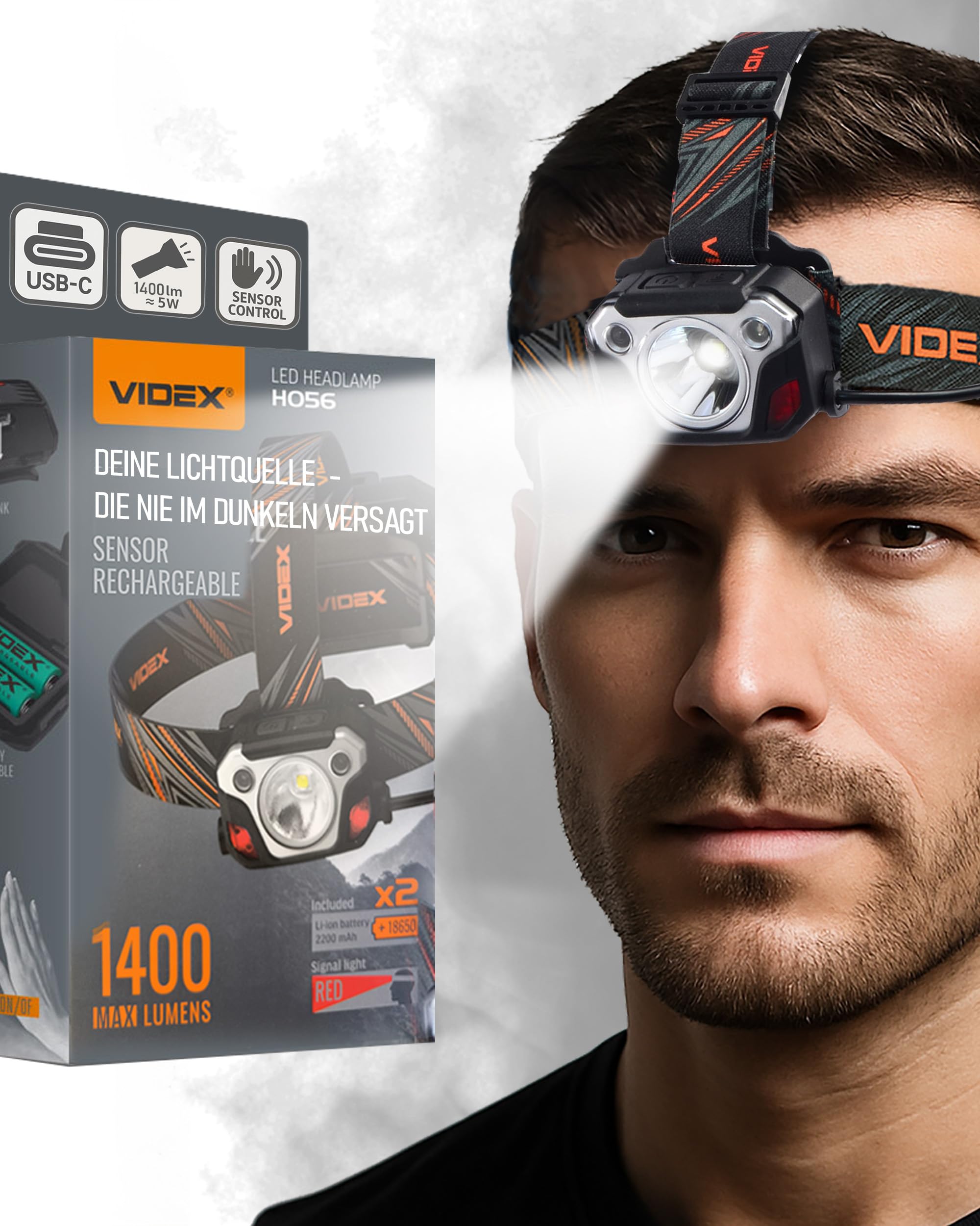 Videx Kopflampe Stirnlampe LED wiederaufladbar I Camping & Wander Zubehör I Lauflicht mit usb c aufladbar I Lauflampe mit Akku und rotlicht zum Joggen I H056 1400Lm 6500K