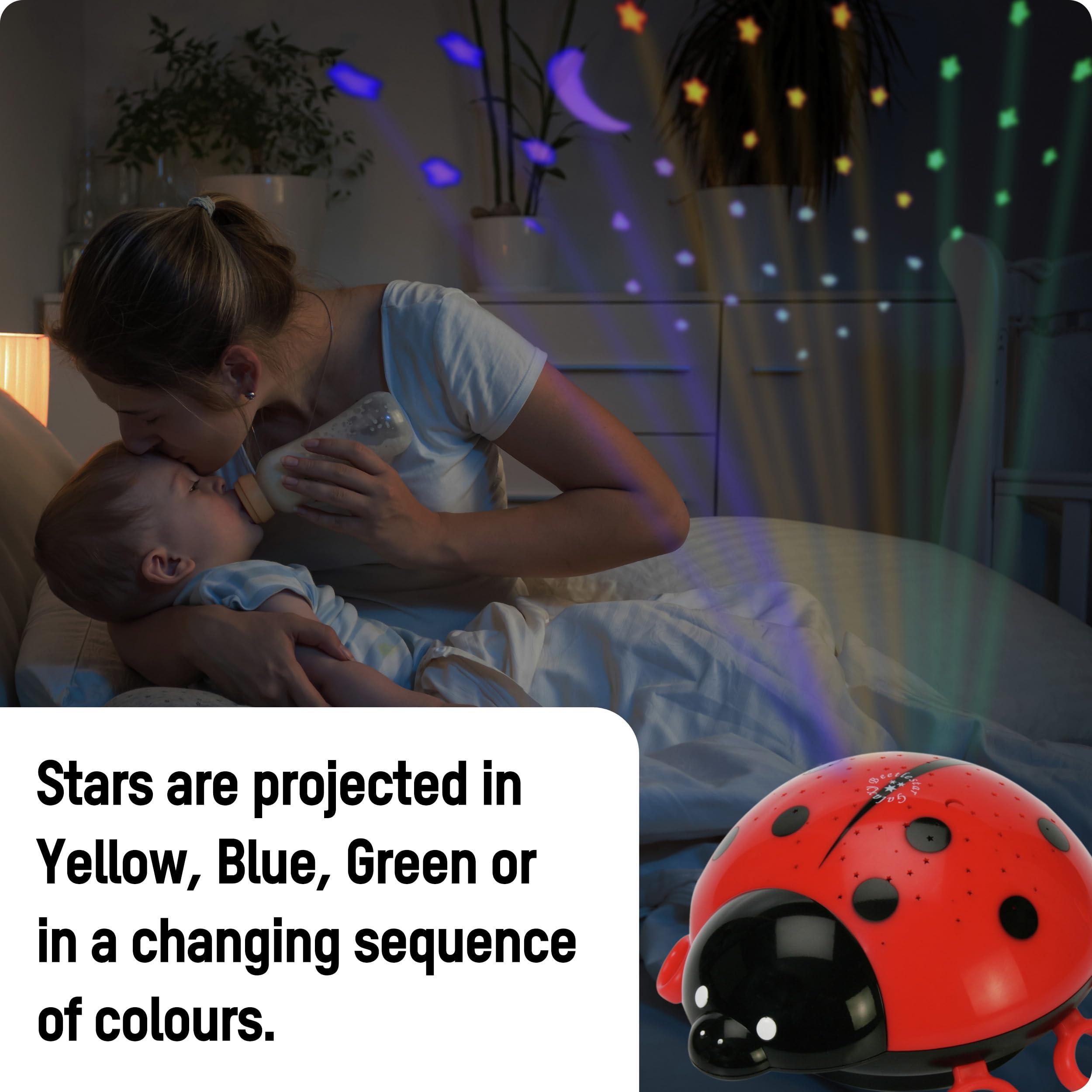 ANSMANN Luce LED coccinella con proiettore - Lampada notturna per bambini con cambio colori proiezione cielo stellato - Lucina bimbi Sensore Touch