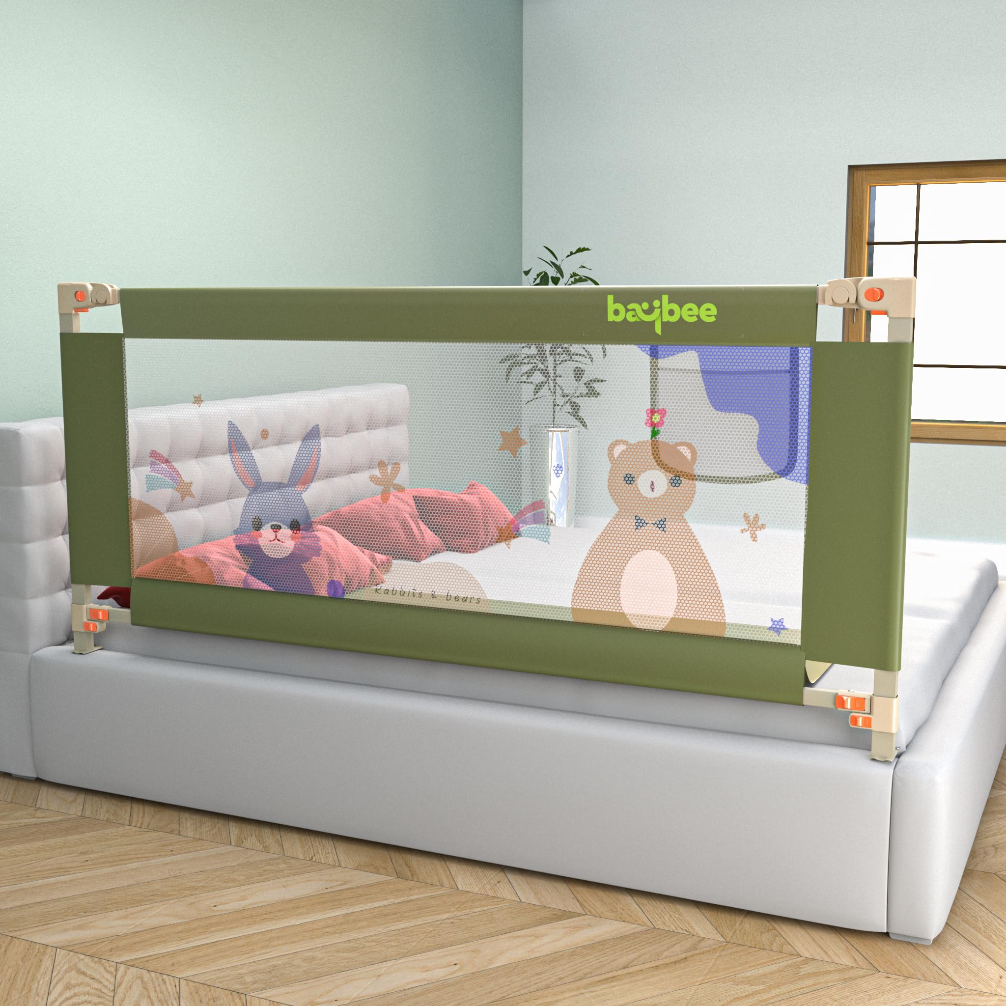 BAYBEE Baby Bed Rail Guard (180x80cm), Bedrail for Baby Safety with 28 Height Adjustable, Portable Bed Side Protector for Baby Falling | Foldable Single Side Bed Railing,1 Side, Dark Green