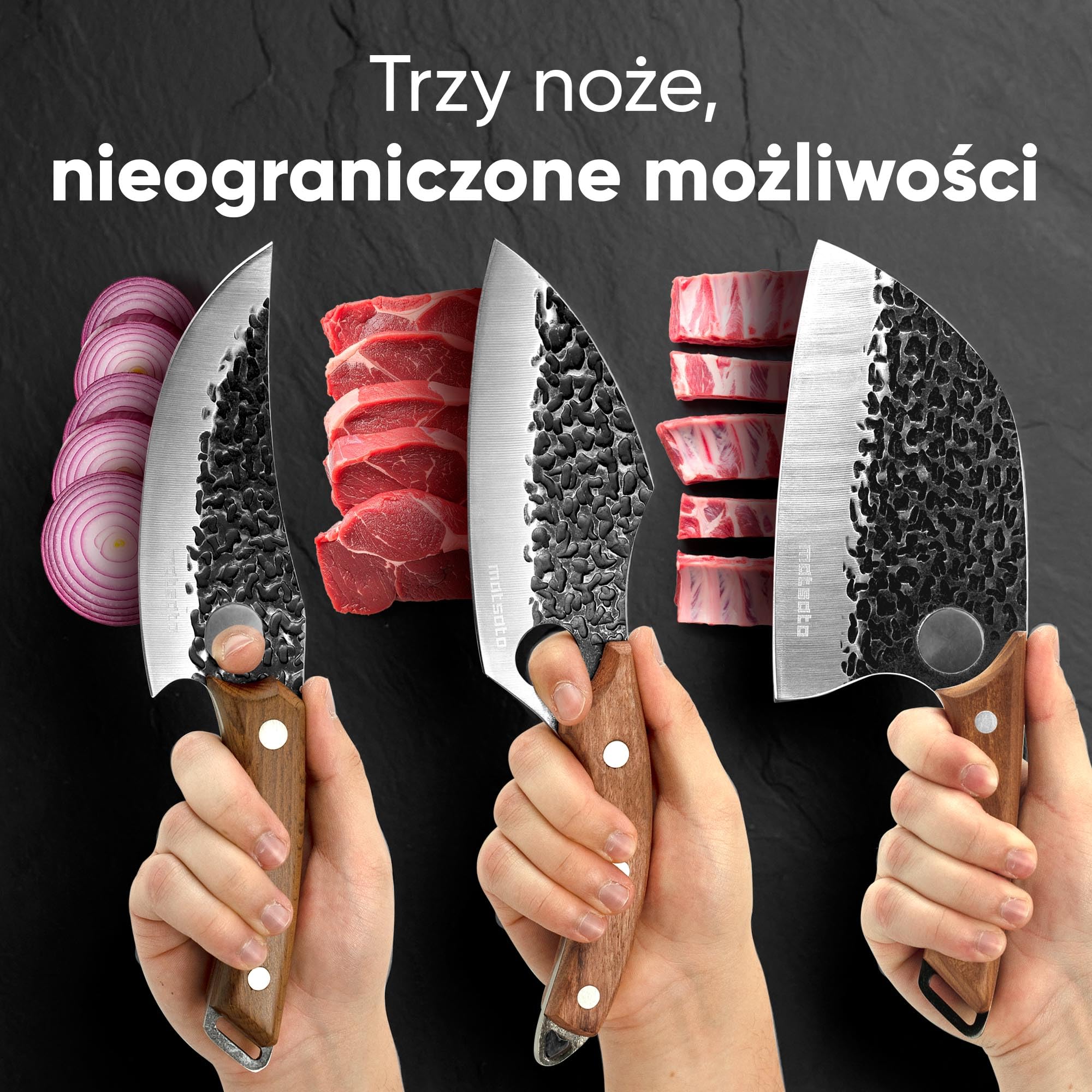 Matsato Zestaw 3 Noży Kuchennych Stal Nierdzewna Bukowy Uchwyt | Nóż szefa kuchni, nóż do mięsa, nóż uniwersalny. Rączka z drewna bukowego.