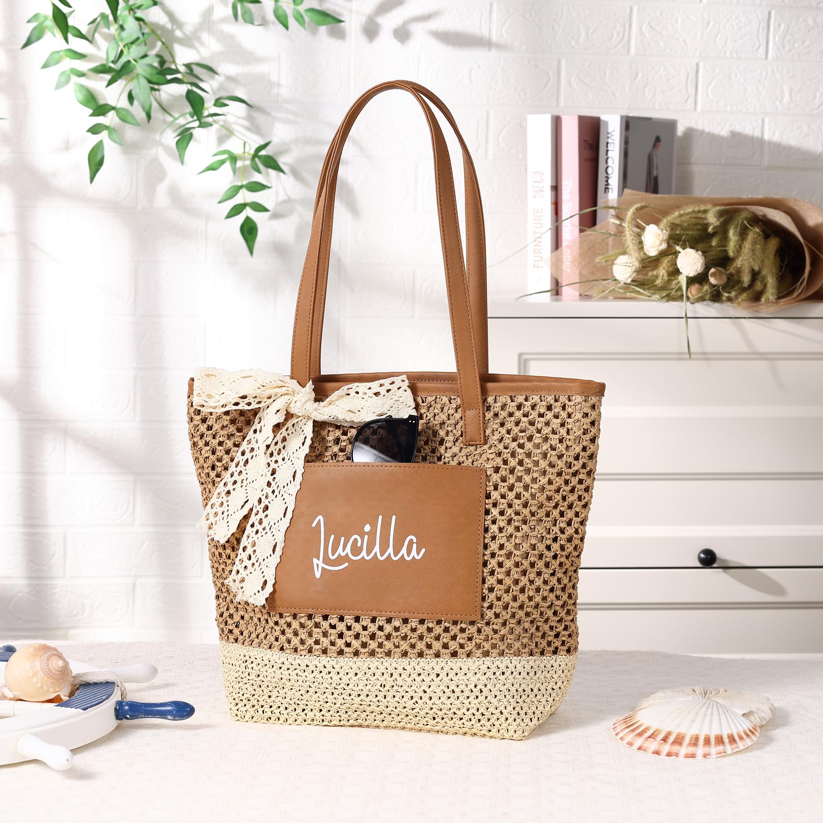 Jeweidea Bolso de Playa Personalizado para Mujer con Nombre Bolso Rafia Mujer Verano Tote Bohemio para Playa/Viajes/Piscina