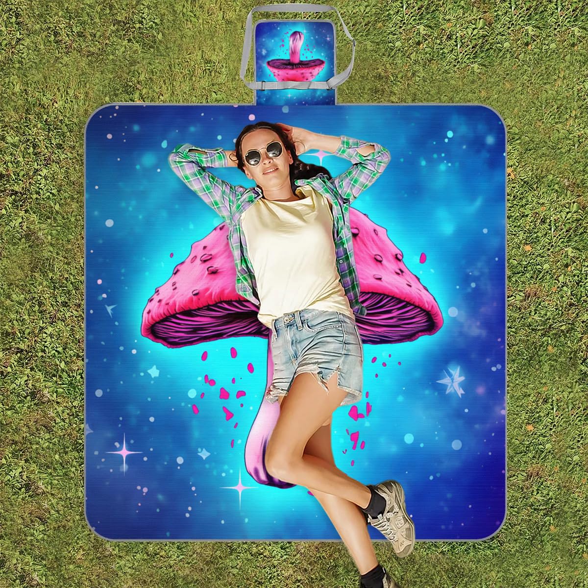 Mantas de picnic de 150 x 145 cm, diseño de hongos nocturnos galaxia, plegable, manta impermeable para playa, camping, senderismo, picnic