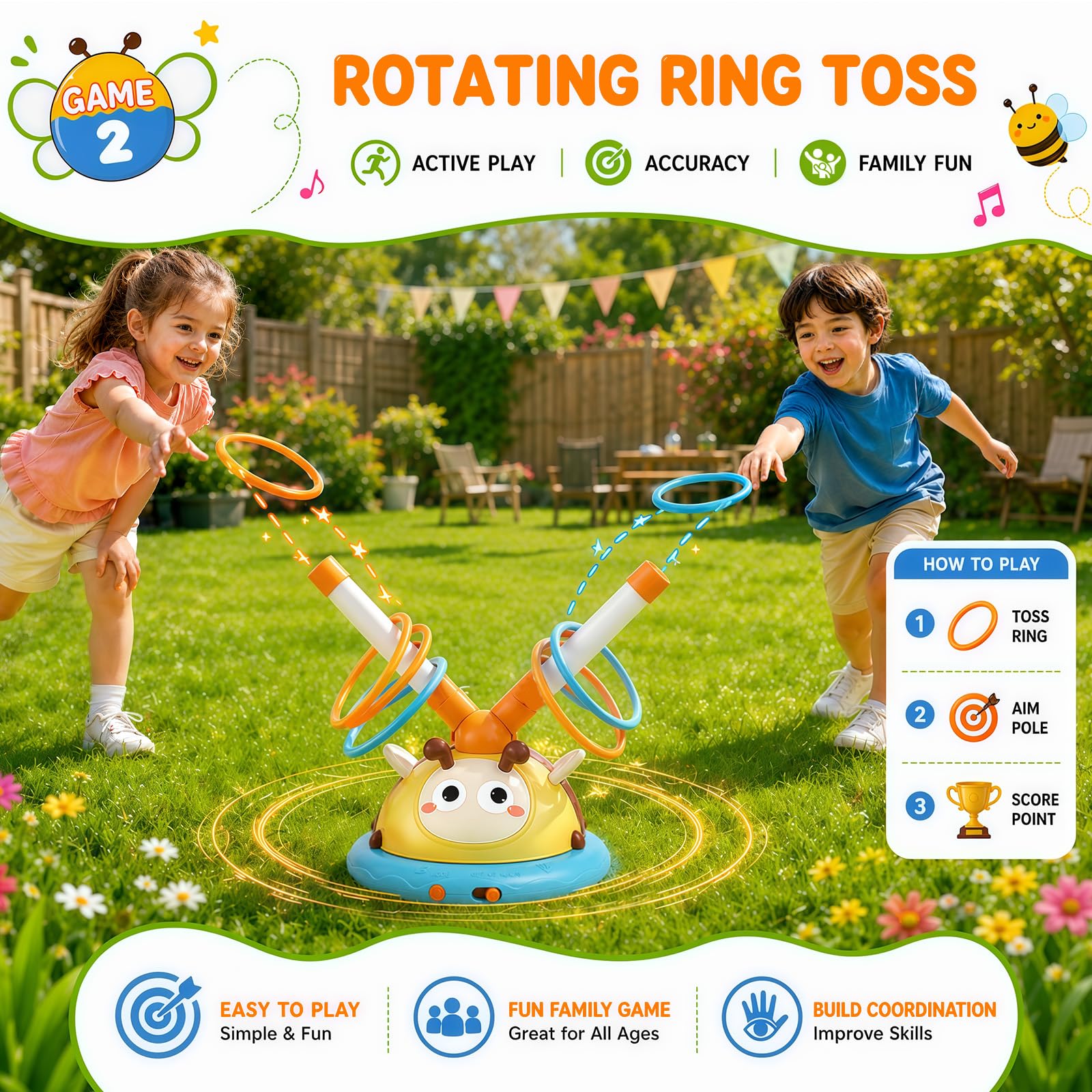 4 en 1 Jeux Exterieur Enfant Ouet Fusée, Corde À Sauter, Lancer D’Anneaux, Base-Ball, Jouet Exterieur Enfant avec Télécommande Jeux Extérieurs Enfants Cadeaux Garçons Filles 3 4 5 6 7 8 9 10 Ans