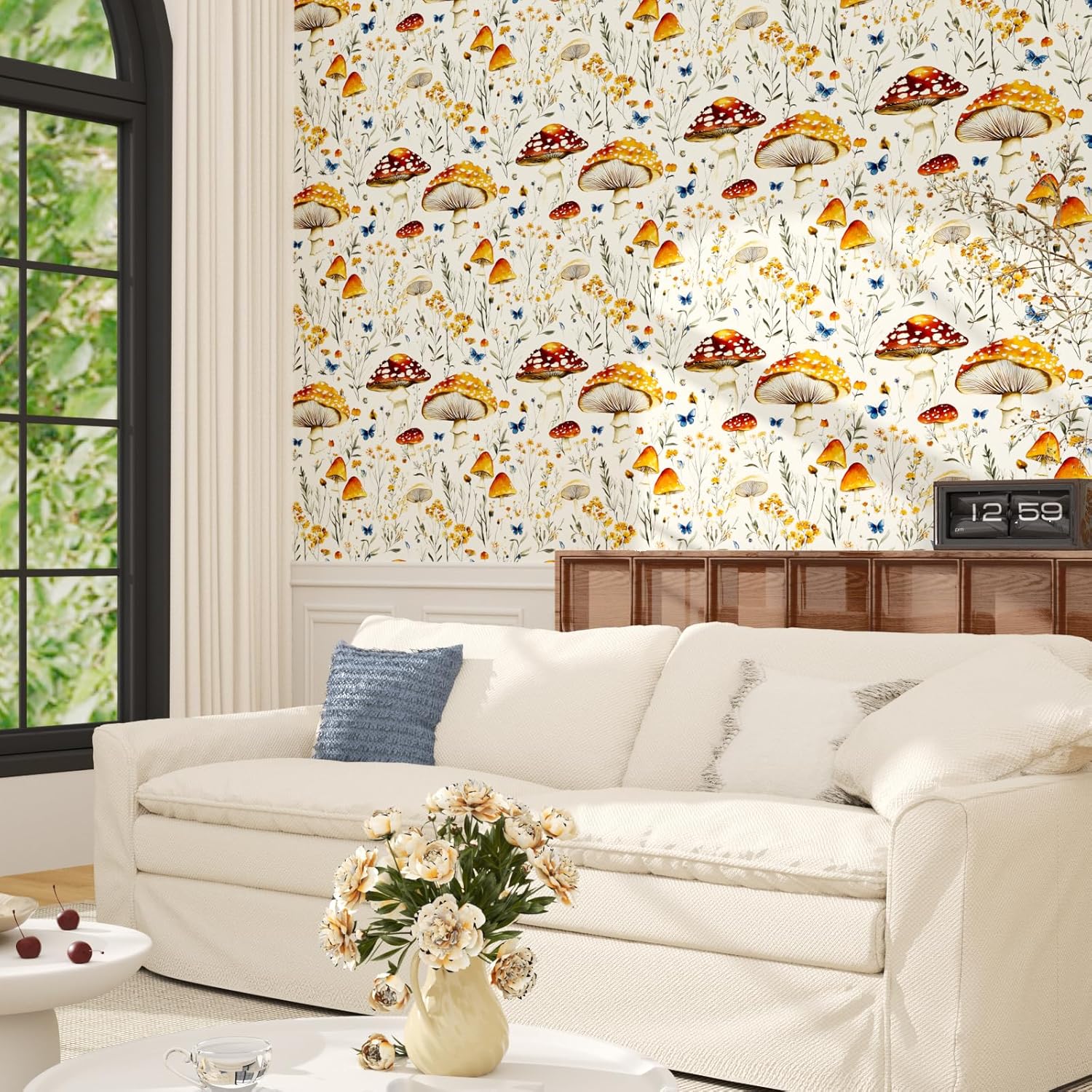 BOKEBEVE Mushroom Peel and Stick Wallpaper Beige Colorful Floral Contact Paper Moth Butterfly Wall Paper for Closet Accent Wall Pantry Laundry Room Renter Friendly Removable 17.5 x 118In
