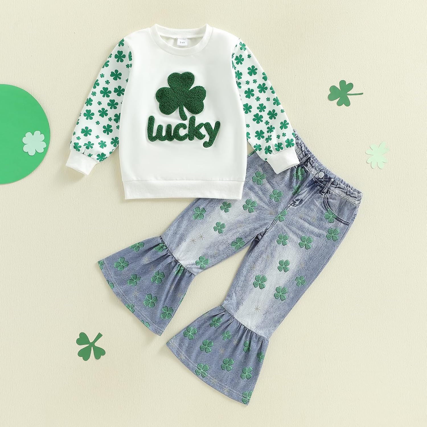 Toddler Girl St Patricks Outfit Lucky Clover Sweatshirt Bell Bottoms Jeans Little Girls Spring Fall Winter Clothes - Image 7