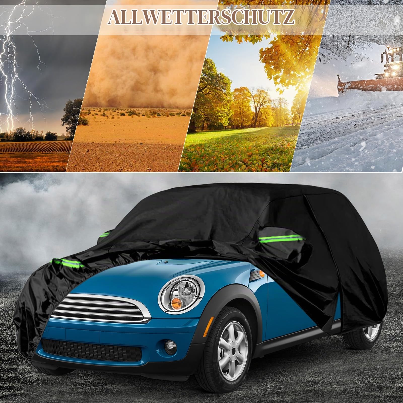 Autoabdeckung für Mini Cooper 3 Türer 2000-2026, 300D Schwarz Vollgarage | Wasserdicht Autoplane mit Reißverschlusstür für Schnee, Regen, Allwetterschutz