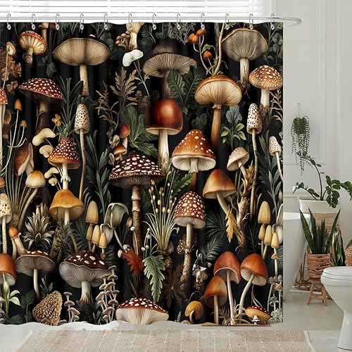 Miniatura 3 de Cortina de ducha rústica bohemia con hongos, cortina de baño estética retro con plantas florales negras, juego de cortina de ducha con ganchos de 72
