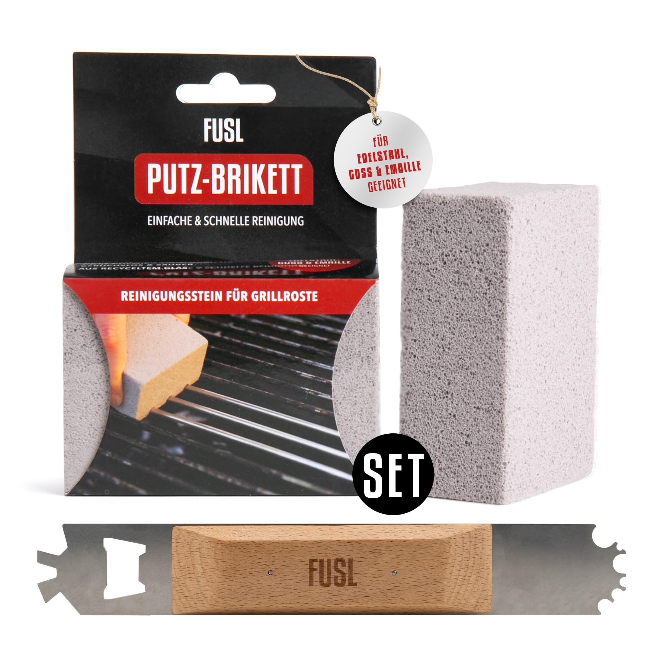 Grillrost Reiniger Starter Set - Grillschaber & Putz-Brikett - Effektive Reinigung für alle Grillroste (Guss, Edelstahl, Emaille) - gegen hartnäckige Verschmutzung