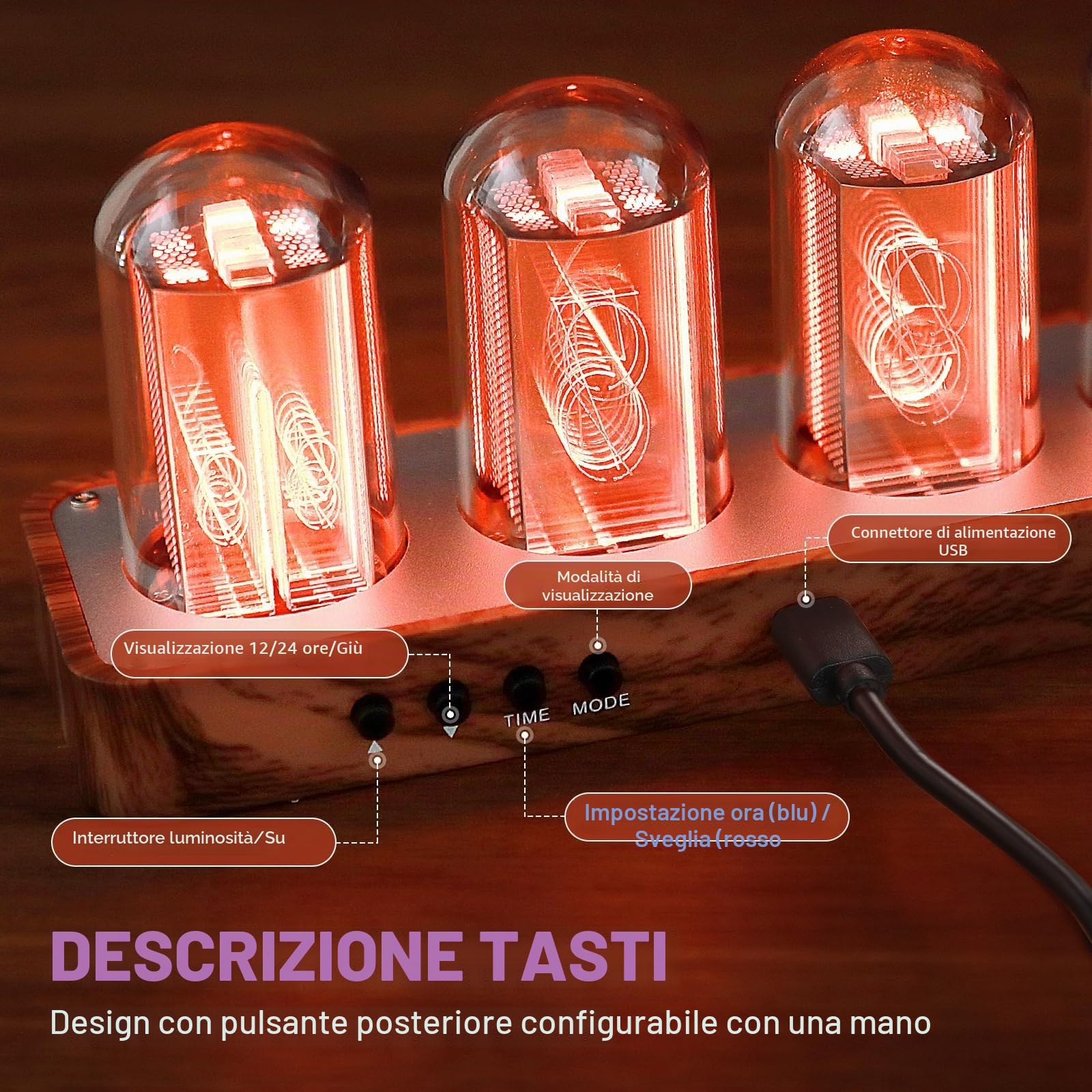 ClocTeck Nixie Tube Clock, WIFI orologio da tavolo,LED Digital Clock, con LED che si illumina in stile retrò, moderno, in legno, alimentato tramite USB, decorazione per la casa, idea regalo