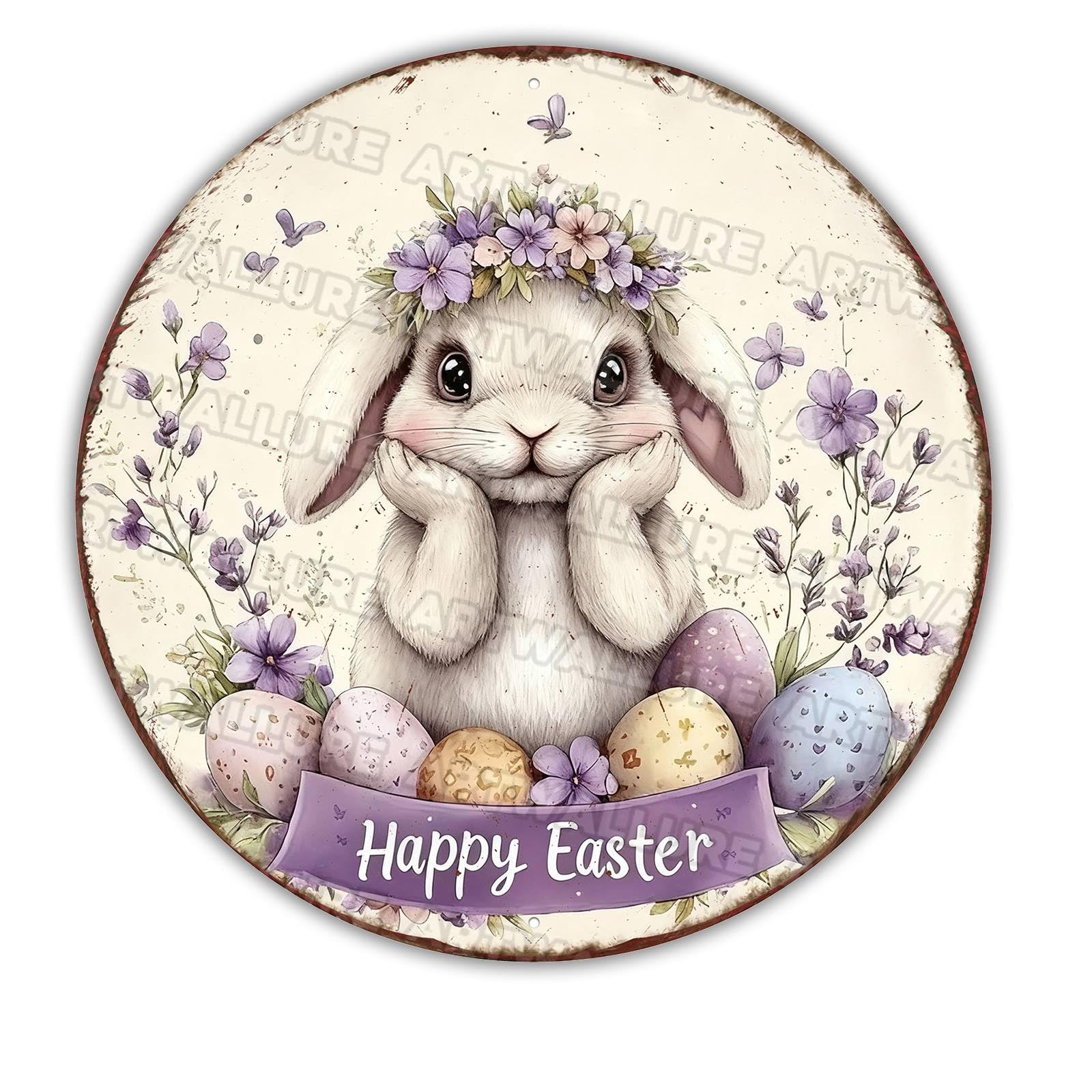 Vintage Bunny Wreath Metal Sign Primitive Country Design Round Easter Decor Rustic Farmhouse Wall Art For Spring Home Display 12x12Inch