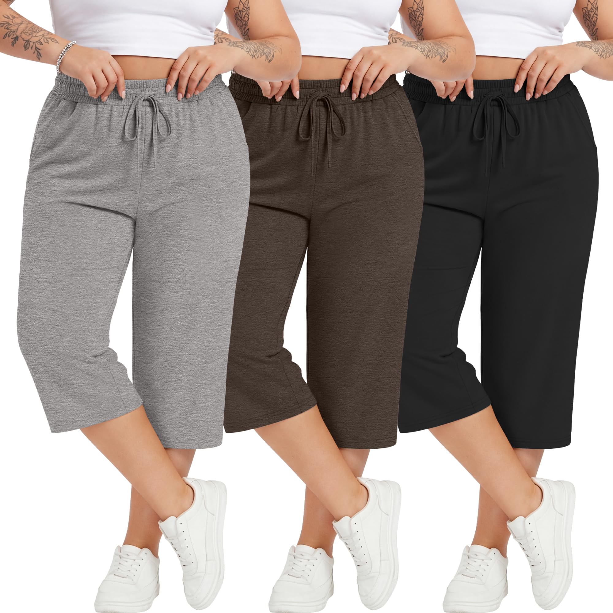 Neer 3 Pack Women's Plus Size Cotton Capris, Stretchy Wide Leg Cropped Pants with Pockets Loose Lounge Pajama Sweatpants