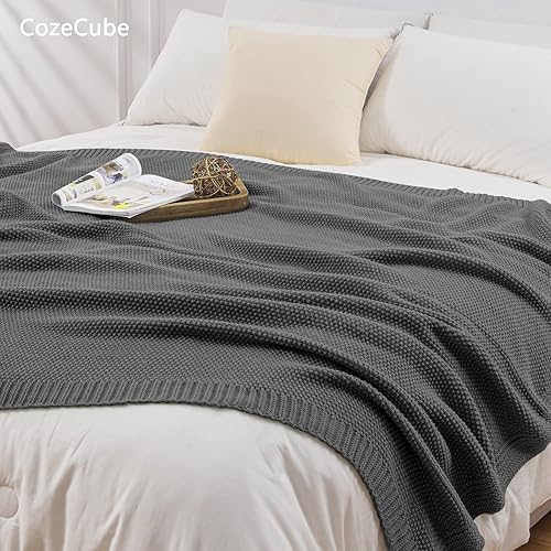 Miniatura 5 de CozeCube Manta gris oscuro para sofá, manta de punto trenzado suave y acogedora para cama, sofá, sala de estar, manta decorativa ligera y cálida de