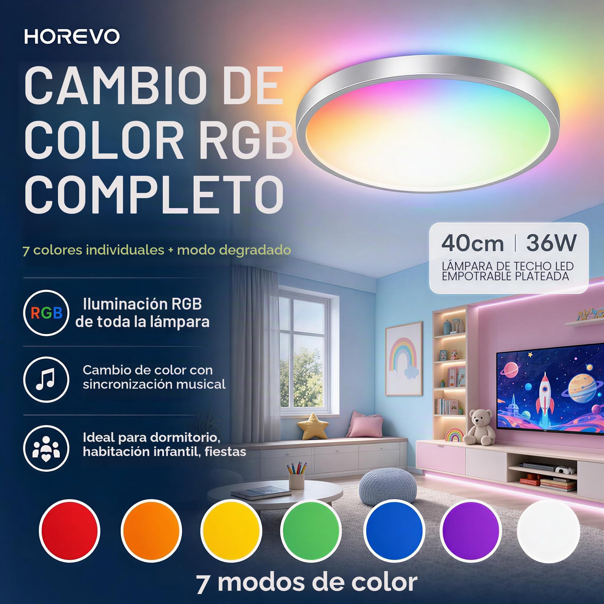 Lámpara de techo LED altavoz Bluetooth y Mando a Distancia | 24W, 40cm, Plateado, RGB, Regulable, 3000-6500K, Altavoz Bluetooth: ideal para el Salón, el Dormitorio y la Cocina