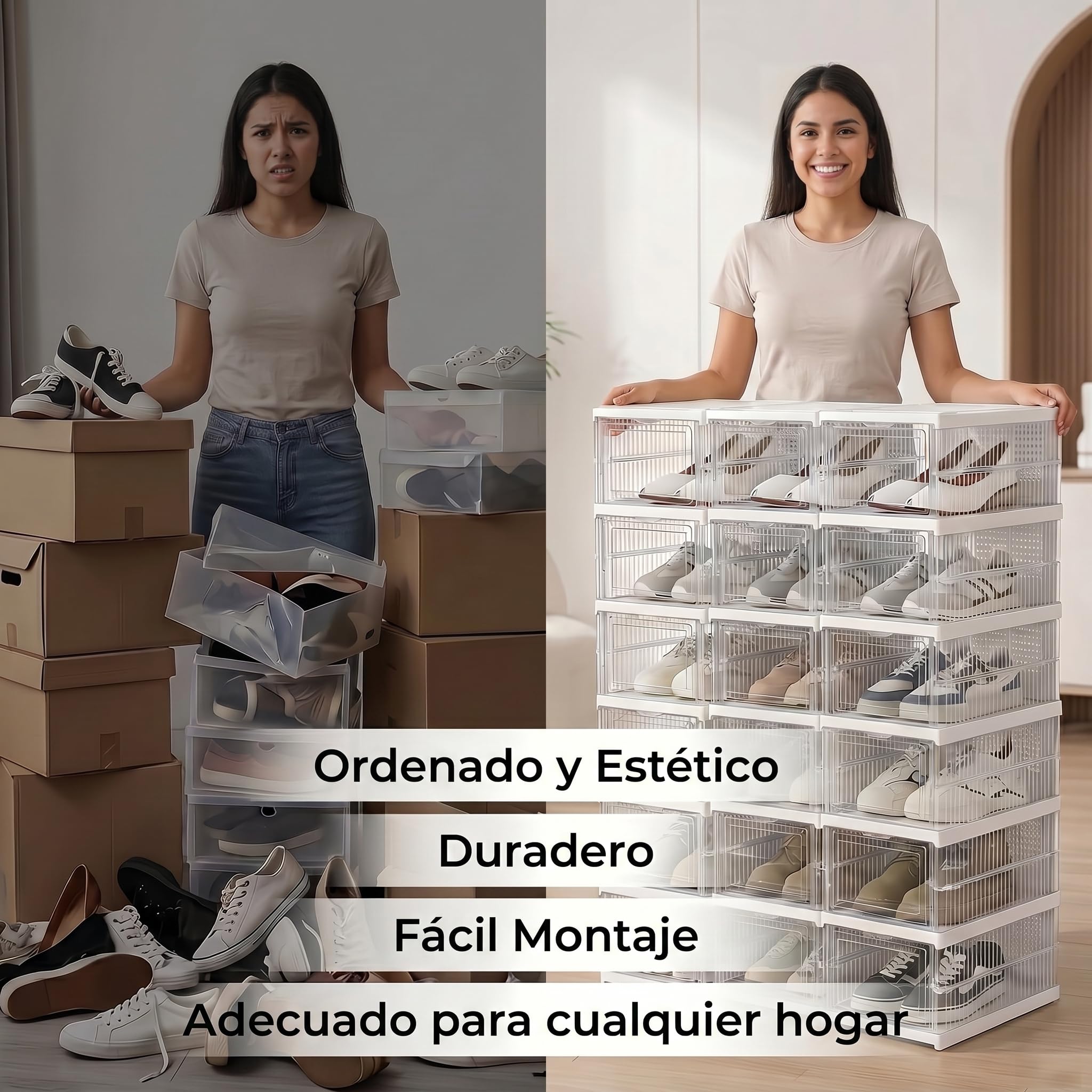 Zapatero apilable, 24 niveles, transparente, plegable, plástico grueso, para zapatillas hasta la talla 46, ahorro de espacio, montaje de 1 minuto, color blanco