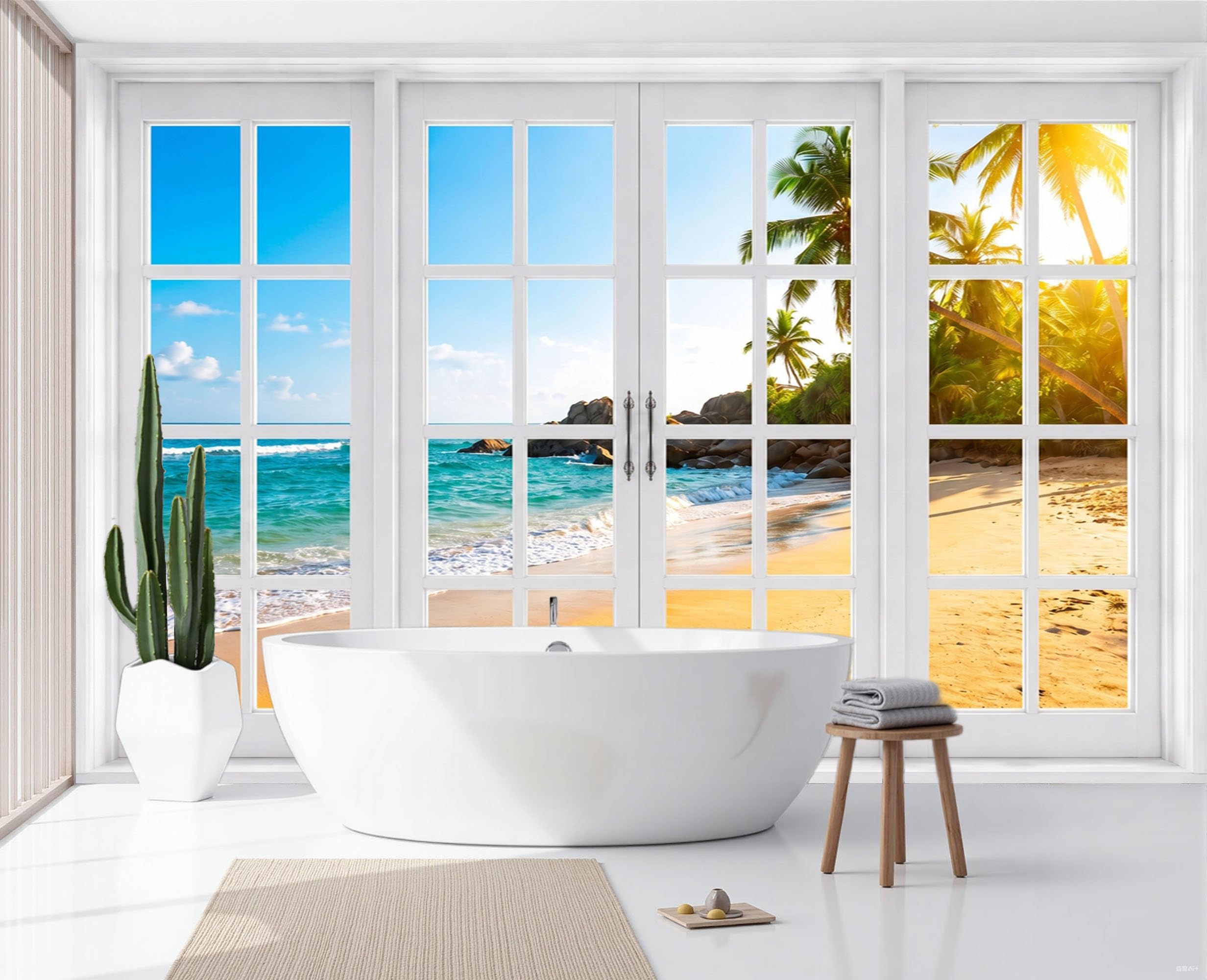 Papier peint panoramique plage pour salon lumineux trompe l'œil fenêtre mer
