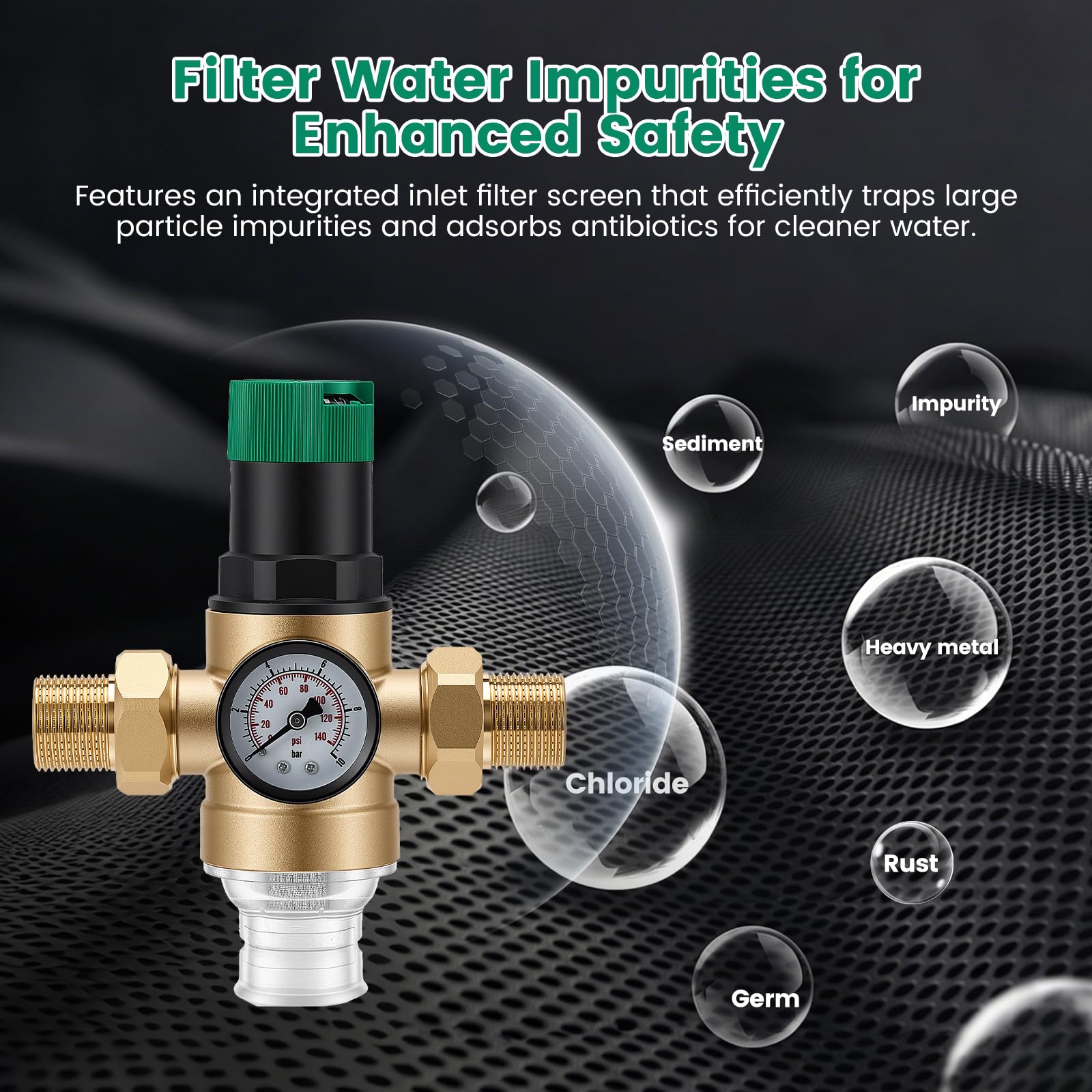 Riduttore di pressione dell'acqua da 3/4" con manometro e filtro da 40 μm, riduttore di pressione dell'acqua regolabile in ottone, pressione di uscita 1-6 bar, adatto per acqua potabile per casa