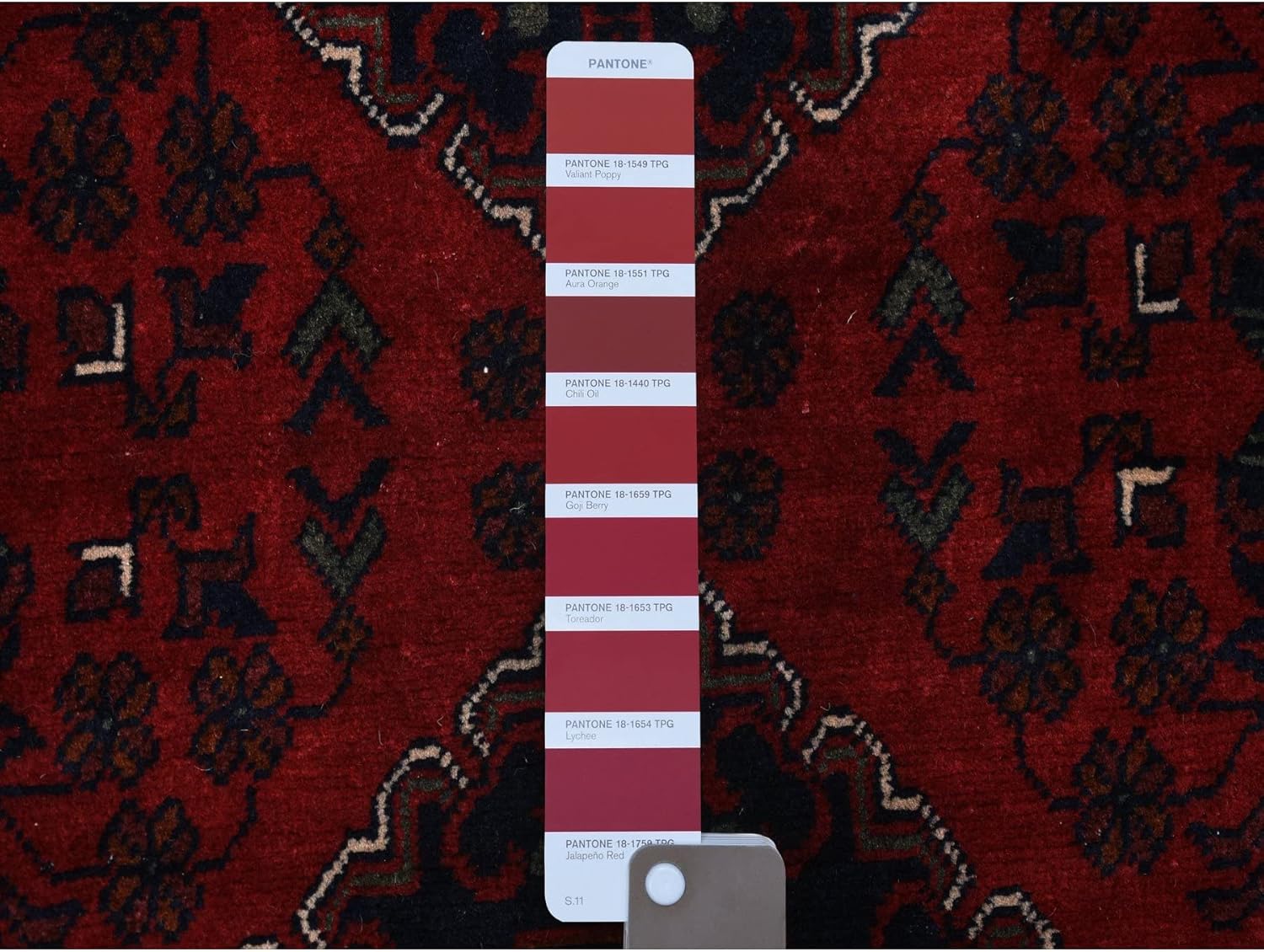 Deep and Saturated Red with Mix of Navy Blue Shiny Wool Hand Knotted Afghan Khamyab with Large Geometric Medallions Design Runner Oriental Rug (3'x9'6")