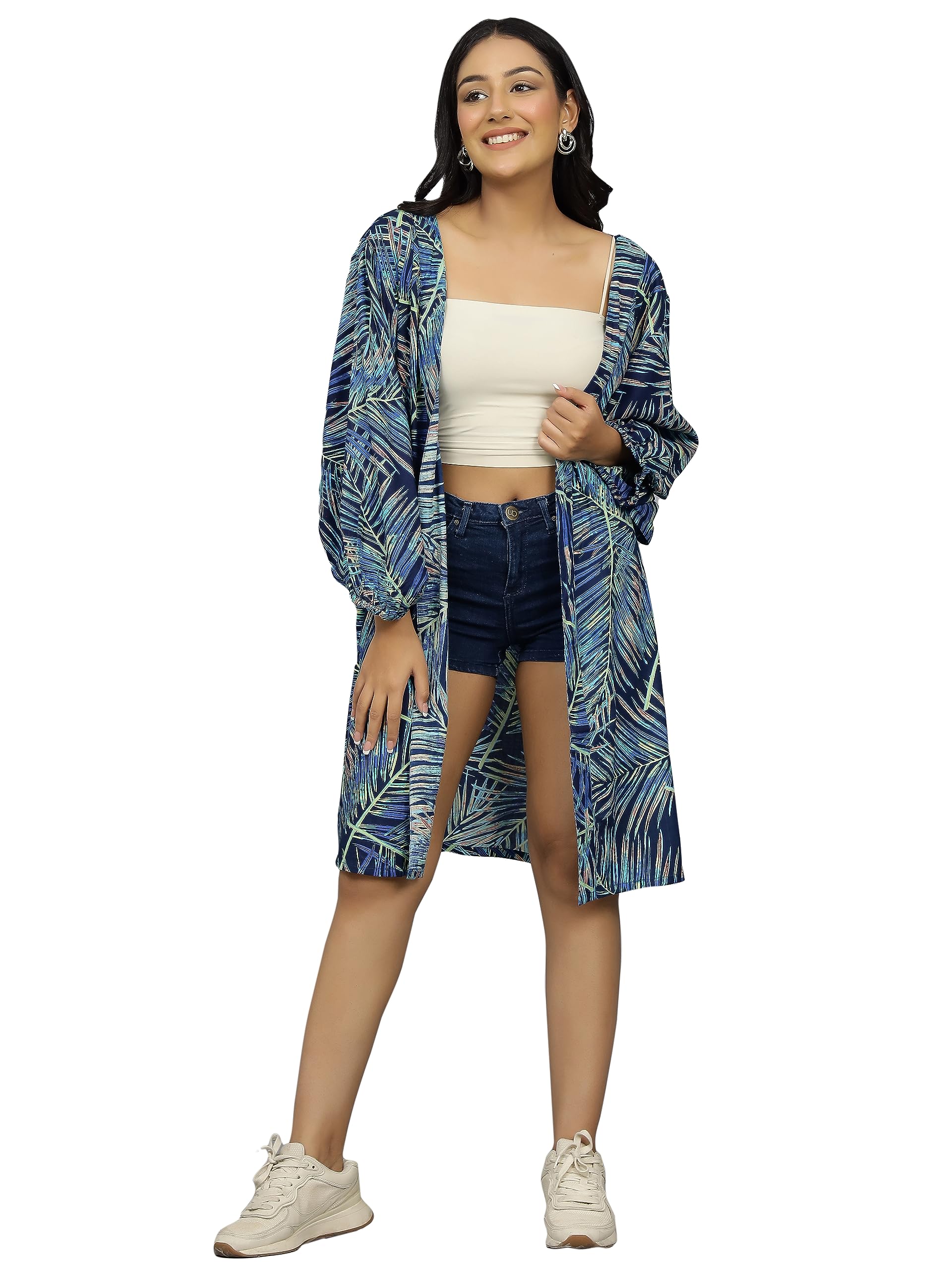 Ravaiyaa - Attitude is everything Women Beach Wear Cotton Shrug Printed Bikini Cover up Kimono 3/4 Sleeve Open Shrug (XL, Blue Leaf)-picture-25