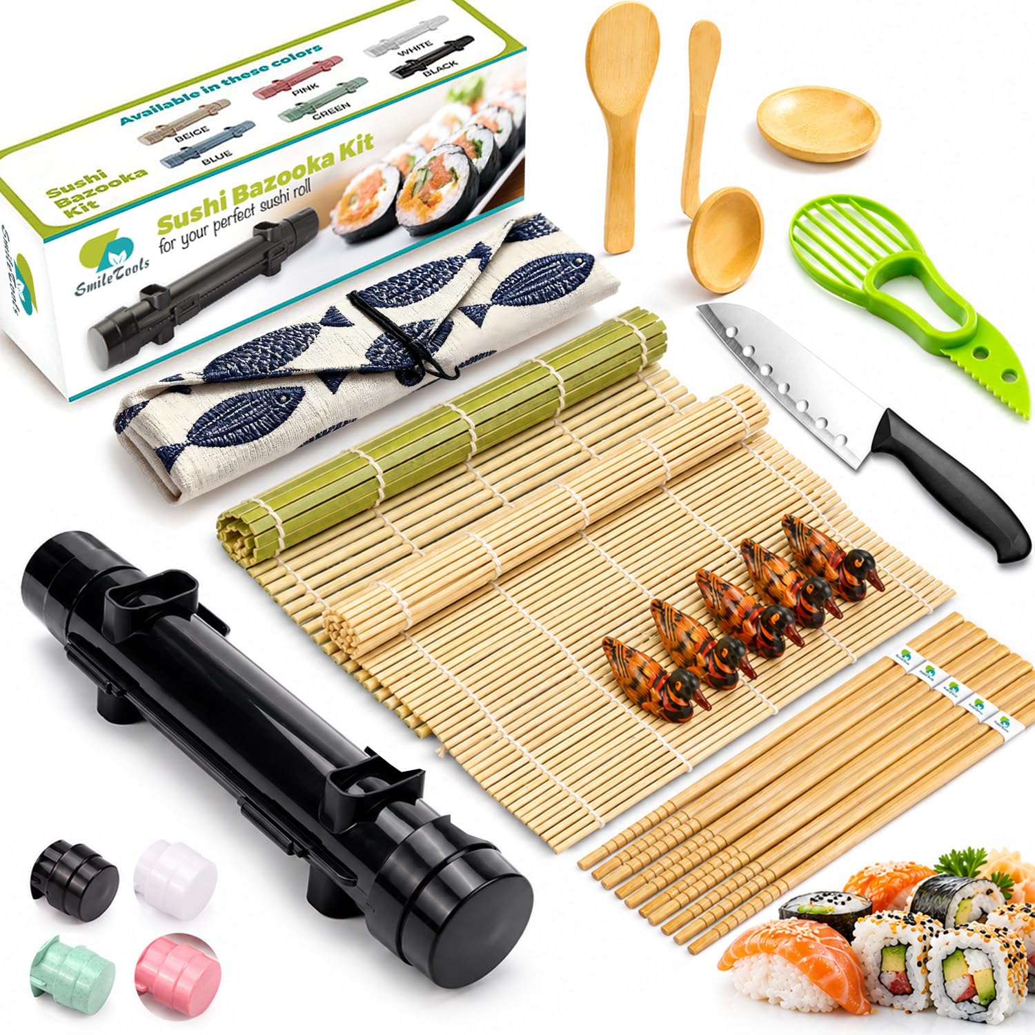 SmileTools Sushi Making Kit, 22pcs Roller Maker for Beginners With Guide Book, Bazooka, Knife, Mat, Avocado Slicer, Chopsticks, Sauce Dishes &amp; More - Sushi Lover's Gift
