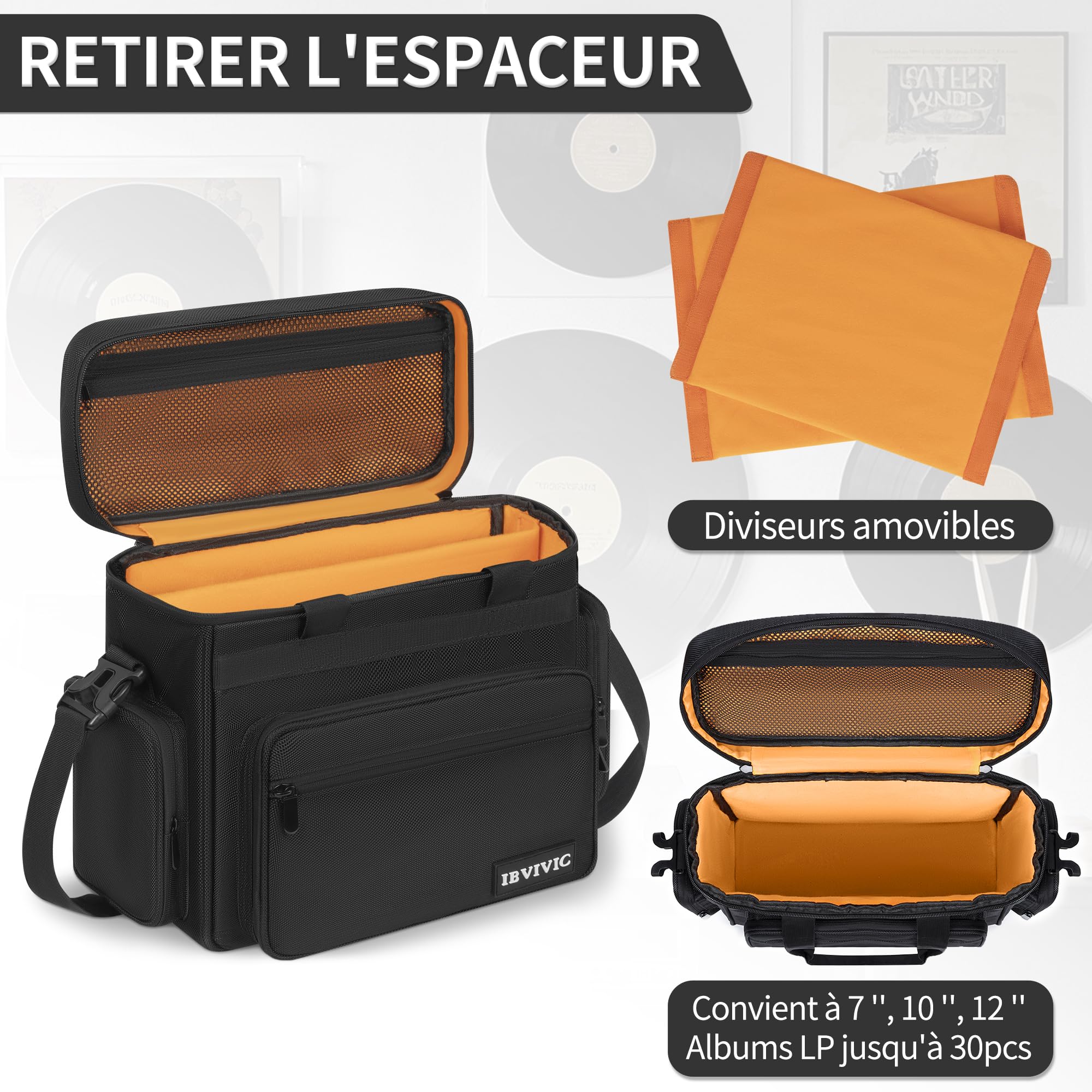OUUTMEE Sac de Transport pour Disques Vinyles avec 1 Séparateur Amovibles, Sac pour Disques Vinyles Imperméable de 7/10/12 Pouces Pouvant Compatible avec 30 LP pour Voyage et Collection (Petit)