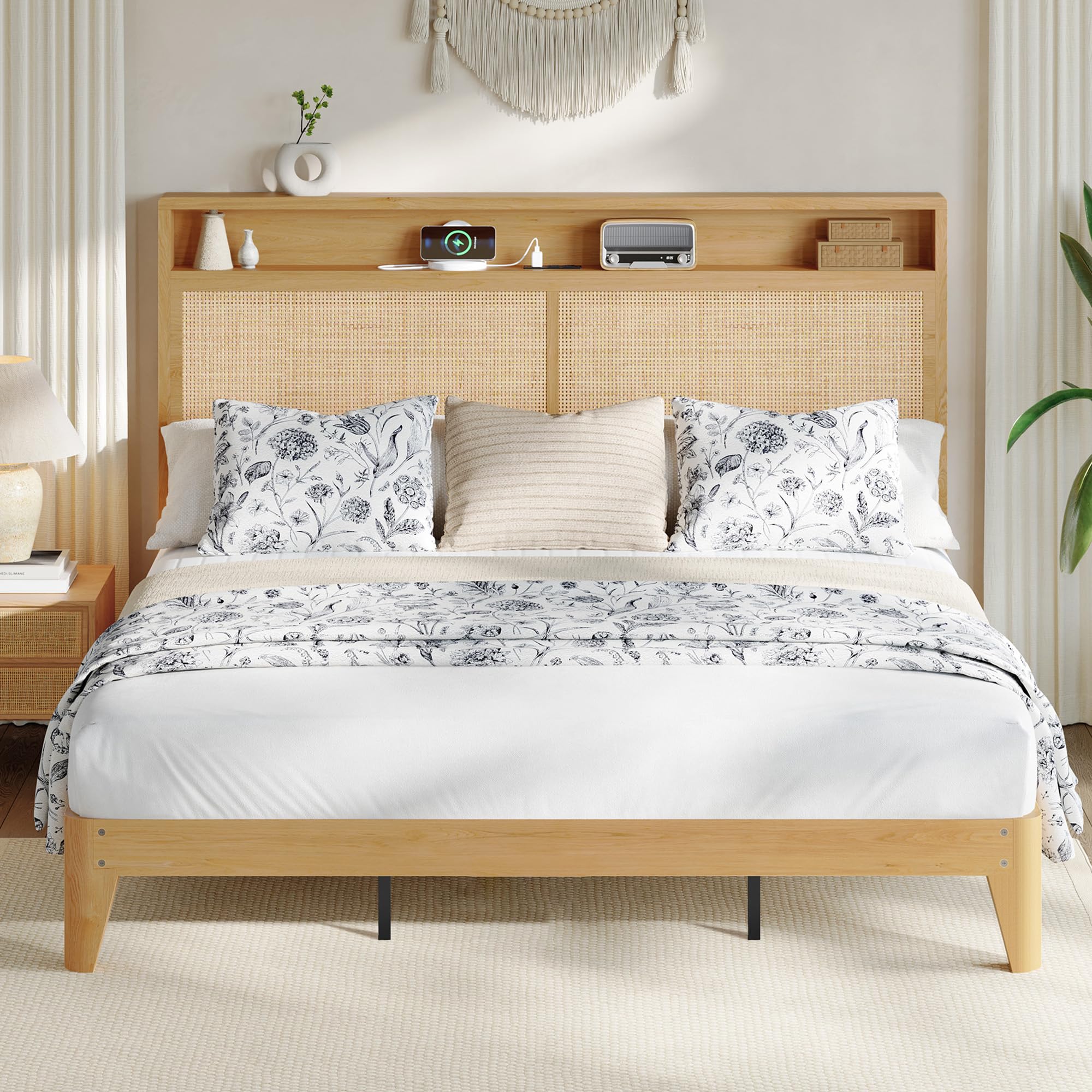IDEALHOUSE Rattan King Bed Frame with Natural Rattan Headboard,Bohemian King Bed Frame with LED Lights & Charging Station,2 Tier Storage Headboard,