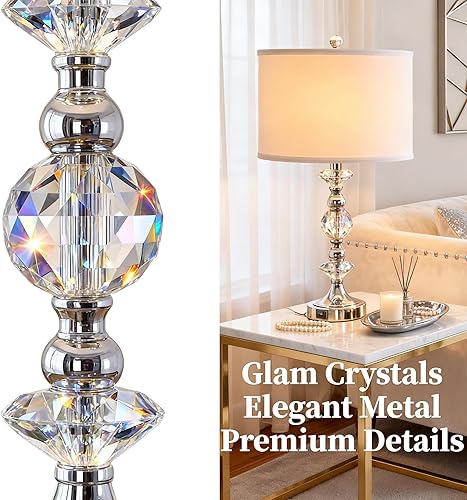 Miniatura 2 de Juego de 2 lámparas de mesa de cristal de 25.5 pulgadas para sala de estar, modernas lámparas de mesita de noche con puertos de carga USB A+C con