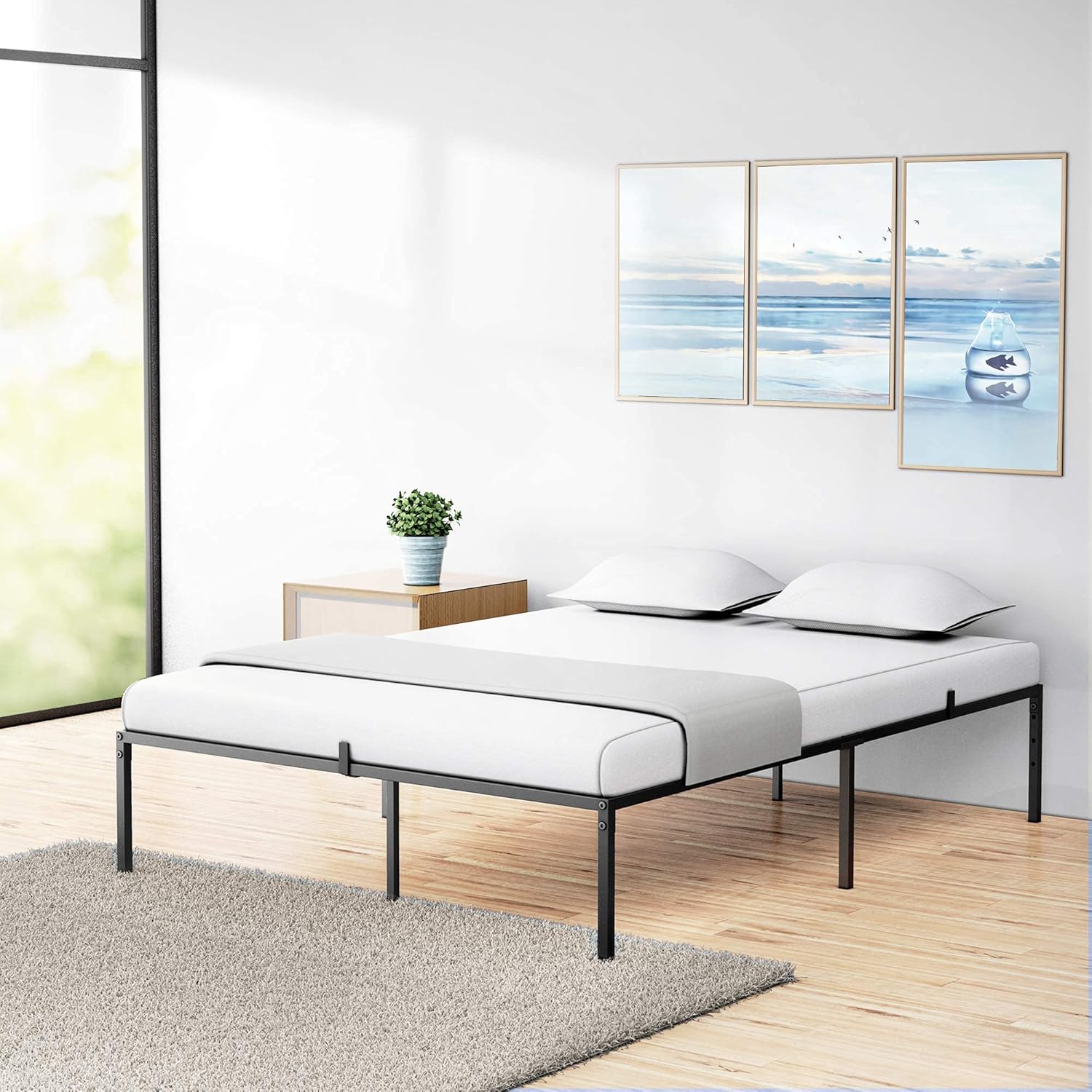 Full Metal Platform Bed Frame with Sturdy Steel Bed Slats,Mattress Foundation No Box Spring Needed Large Storage Space Easy to Assemble Non-Shaking and Non-Noise Black (Full)