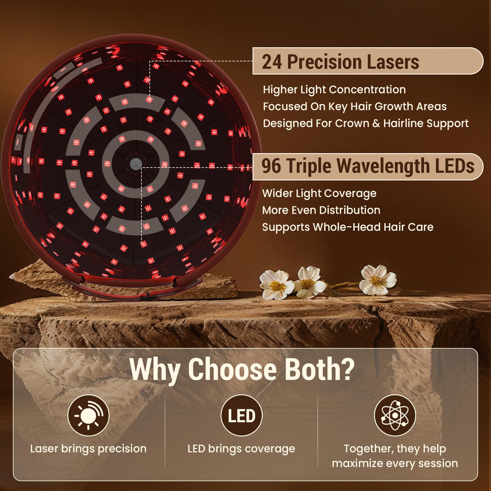 Laser Capilar para Cabello con Precisión Láser & Cobertura LED, 120 Perlas 460nm/660nm/850nm Gorro de Luz Infrarroja y Roja para el Soporte del Cabello Ralo, 3 Modos & 5 Intensidades (marrón)