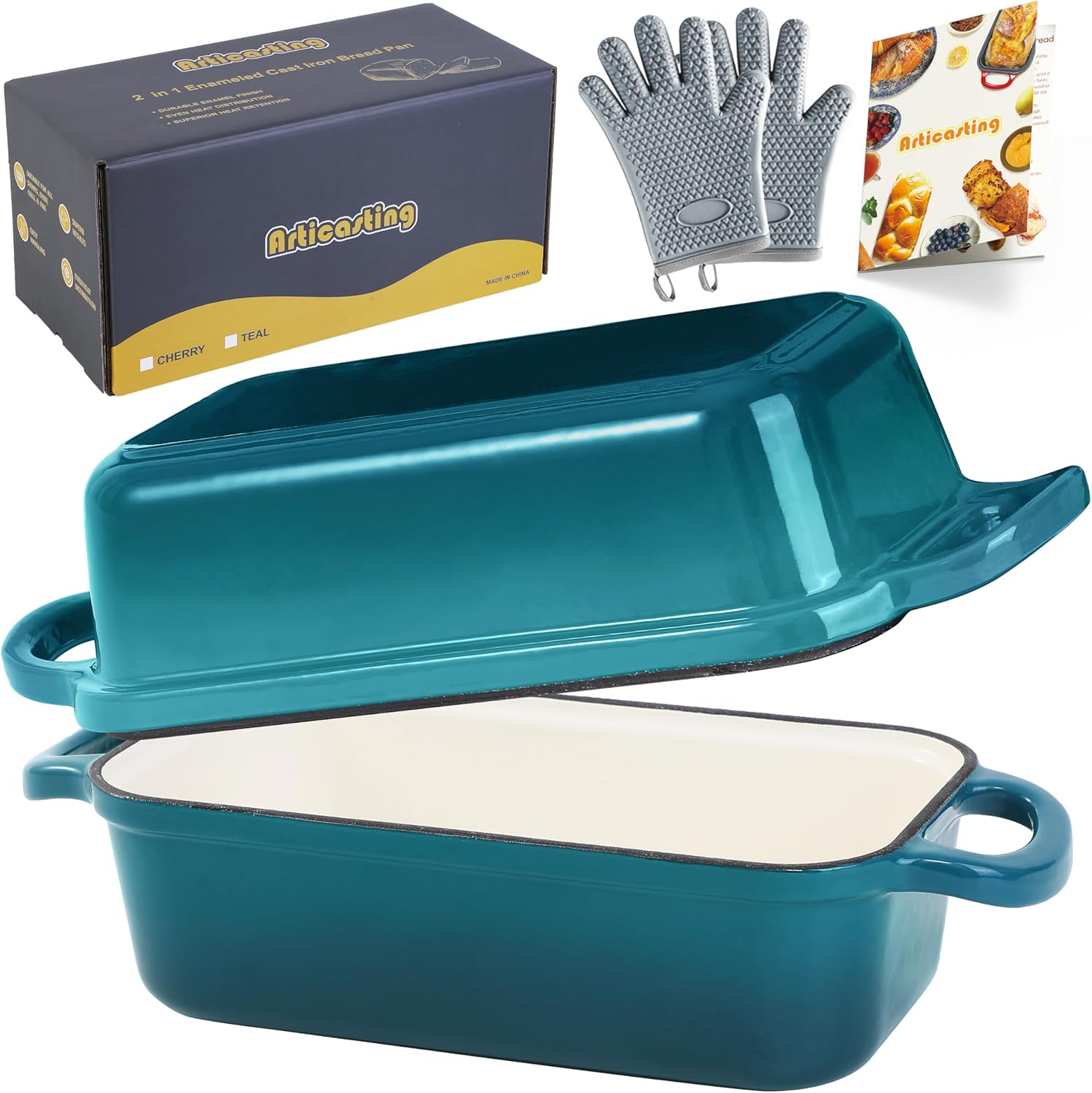 cast iron bread loaf pan with lid, loaf pans for baking bread 9x5, 2 in 1 enameled bread pans for homemade bread, sourdough, teal
damaged