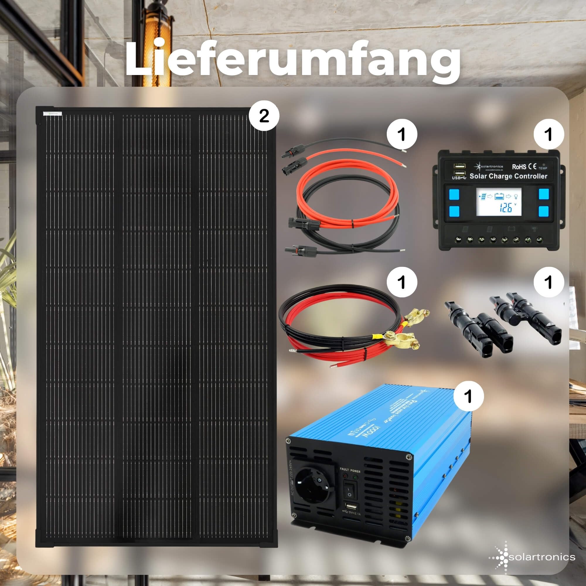 SOLARTRONICS Komplettset 2x120 Watt Solarmodul 1070x580x35, TS 1000W Spannungswandler + 20A Laderegler + Solarkabel + Solarstecker Photovoltaikanlagen Wohnmobil Inselanlage