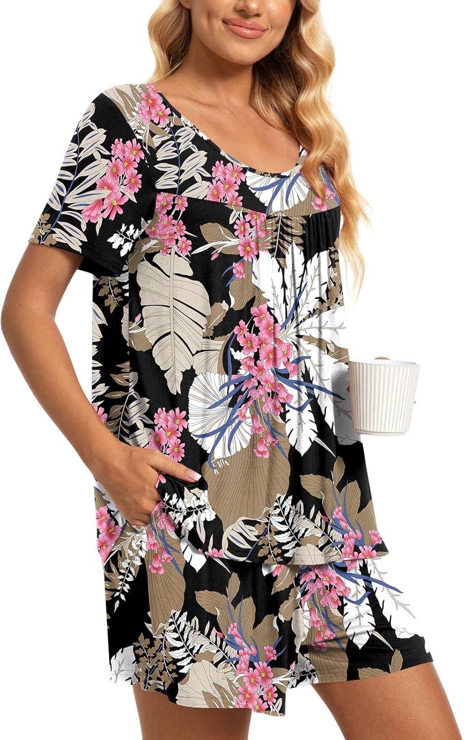 TAOHUADAO 2 Piece Women's Short Sleeve Pajama Sets, Lounge Sleepwear Ladies Pjs Sets with Pockets - Image 3