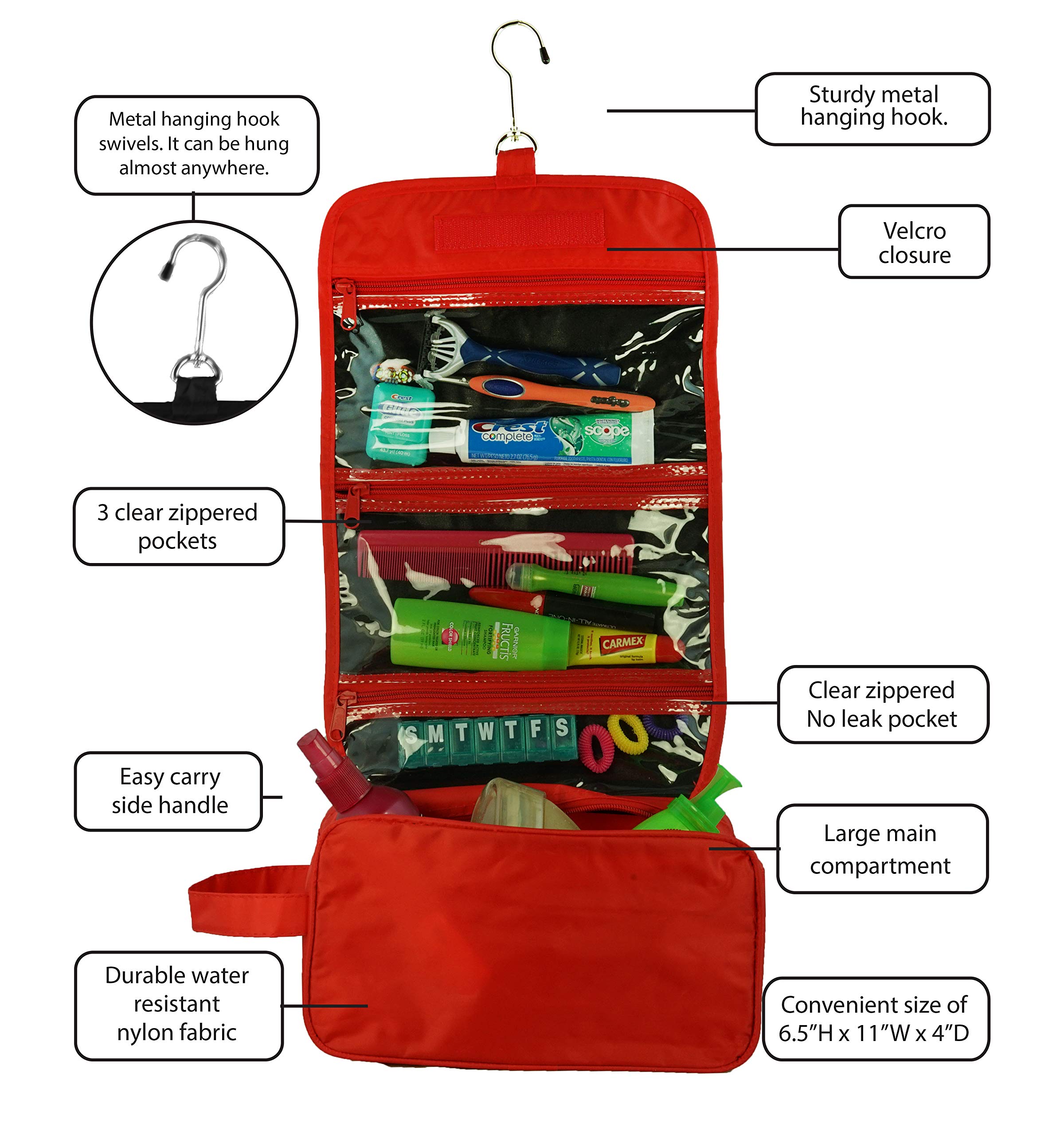 Ensign Peak Hanging Travel Bag with Toiletries Organizer and 360 degree Swivel Hook, Red