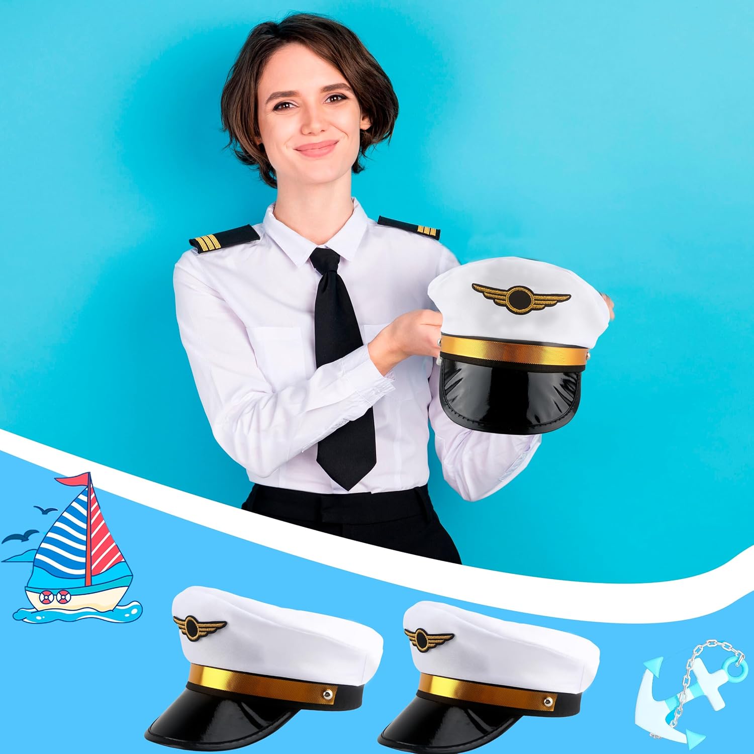 8 Pack Adult Pilot Hats Bulk Adjustable Airplane Pilot Hat Airline Captain Hat for Men Women Halloween Party Dress up Props - Image 5