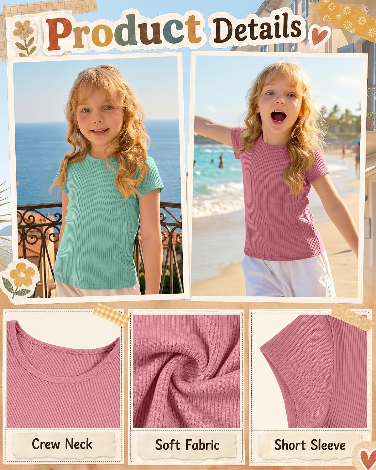 Yooo's Vivi 4 Pack Toddler Girls Short Sleeve Shirts Cotton Ribbed Basic Tops Crewneck Baby Knit Summer Tees 18m-5t