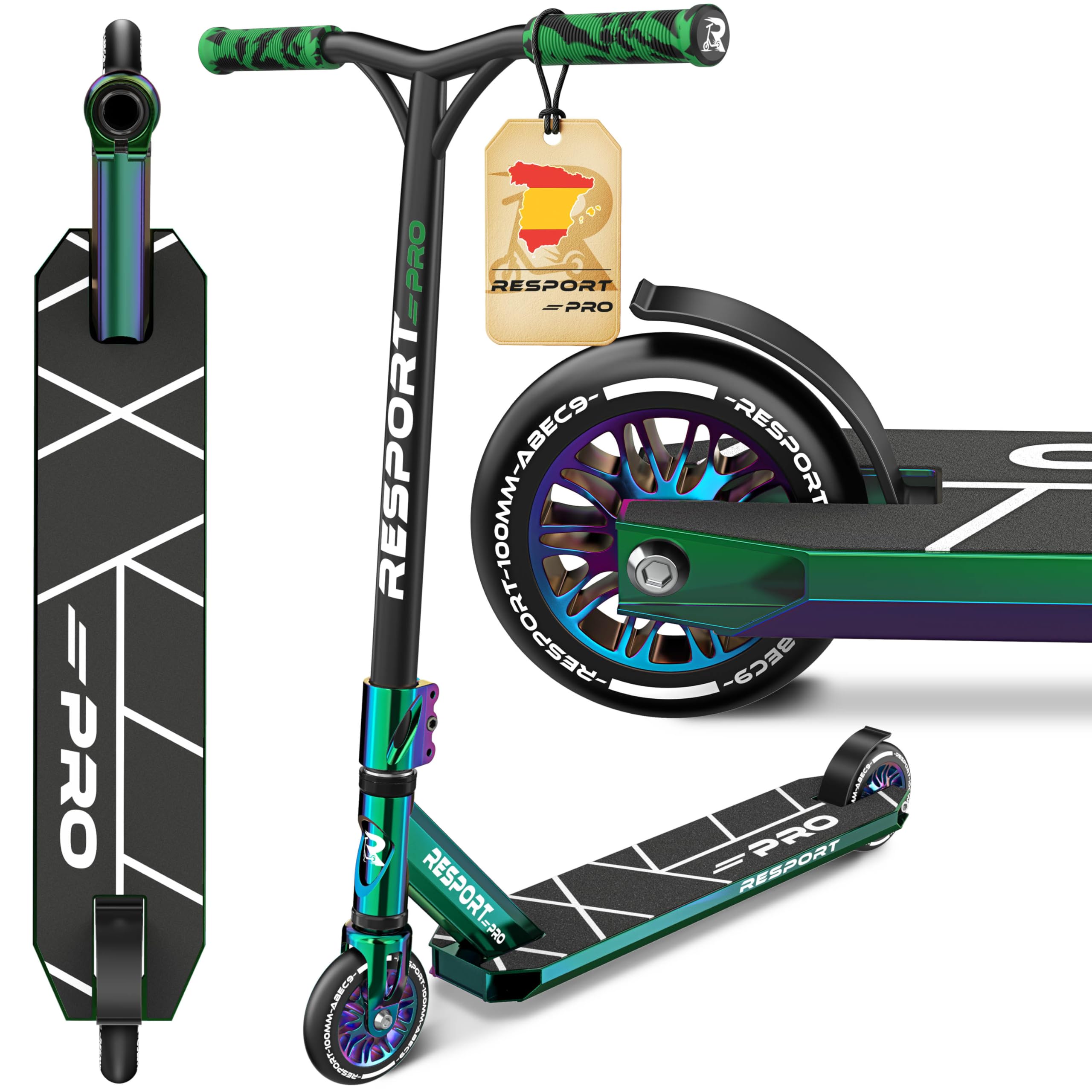 RE:SPORT Patinete de acrobacias Revo Pro para niños y adultos con soporte, patinete profesional de 110 mm, ruedas de poliuretano y barra en Y, patinete de acrobacias, patinete ABEC 9, rodamientos de