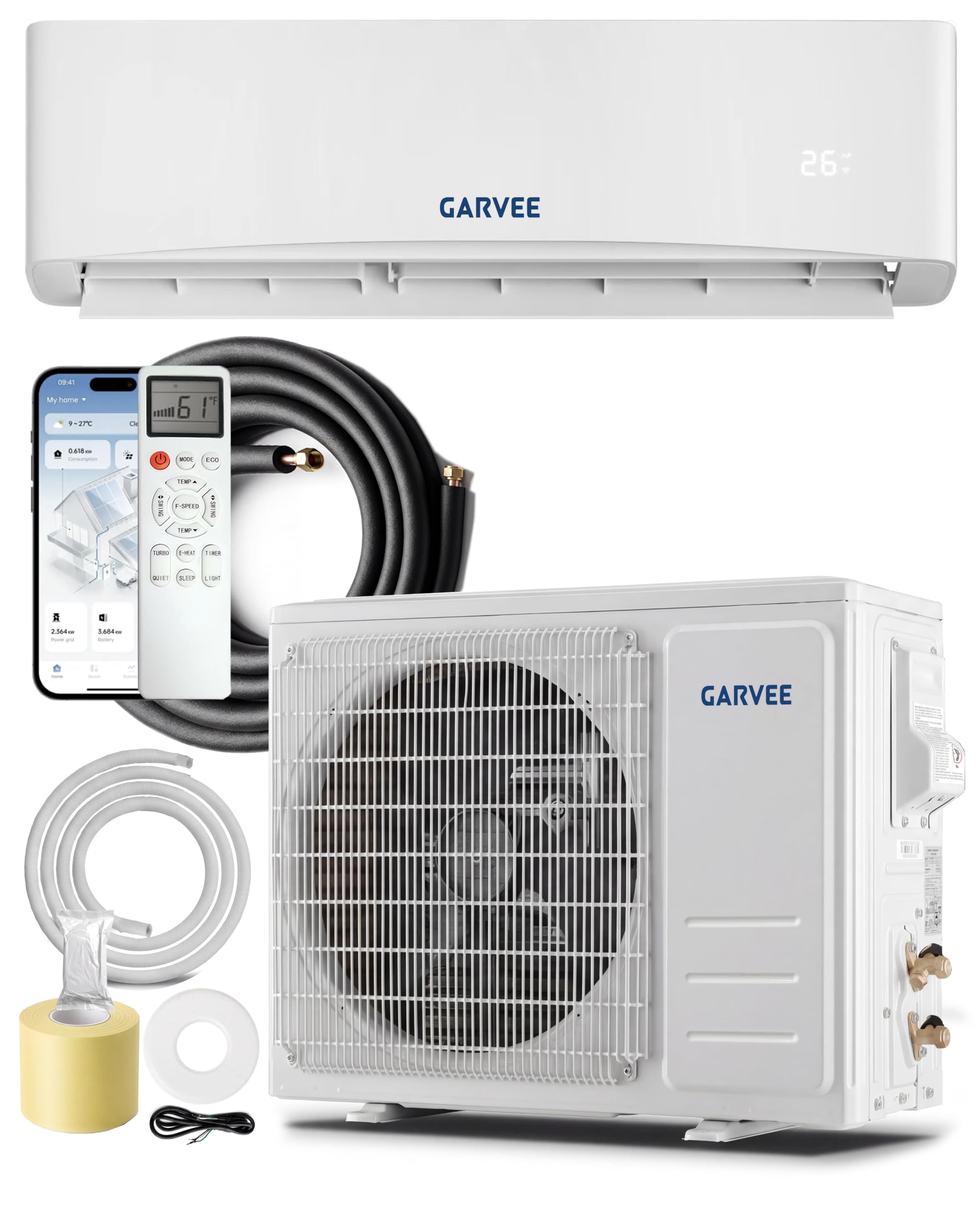 Garvee 12000 BTU Mini Split Air Conditioner Heat Pump System, 19 SEER2 Inverter Mini Split AC/Heating System, Ductless Wall Mount AC Unit Cool Up to 750 Sq. Ft, Installation Kits, 230V