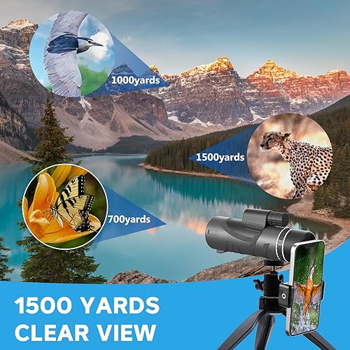 Miniatura 7 de 12x50 Monocular Telescope for Adults, Bak4 Prism Monocular Waterproof Monocular Scope with Smartphone Adapter Tripod for Hunting Camping
