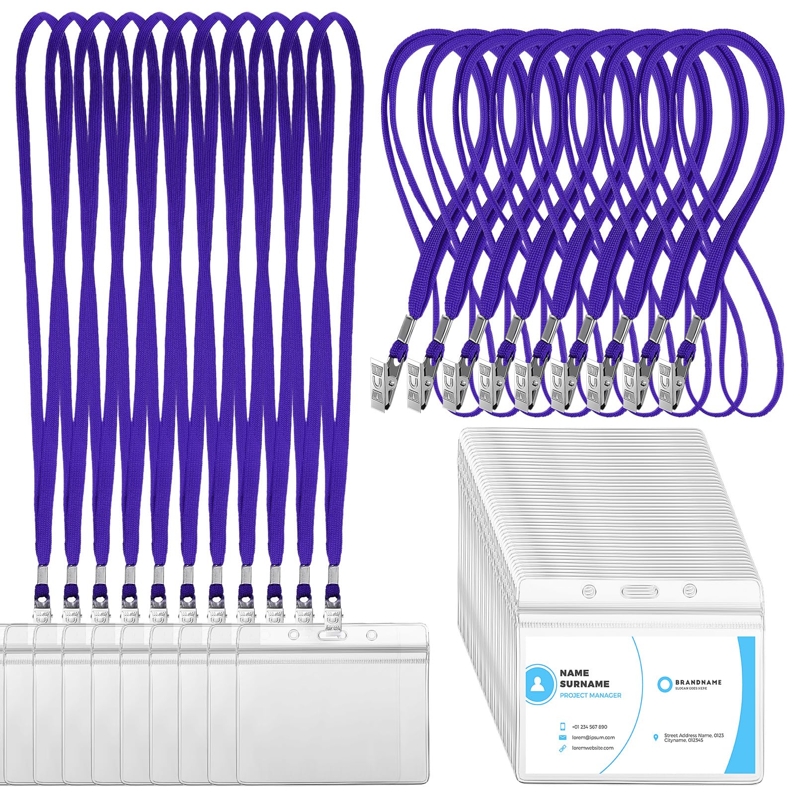 Marspark 100 Sets Clear Name Tags with Lanyard, Lanyards for ID Badges Reusable Strap with ID Holder Plastic Name Badges for Adults Business School