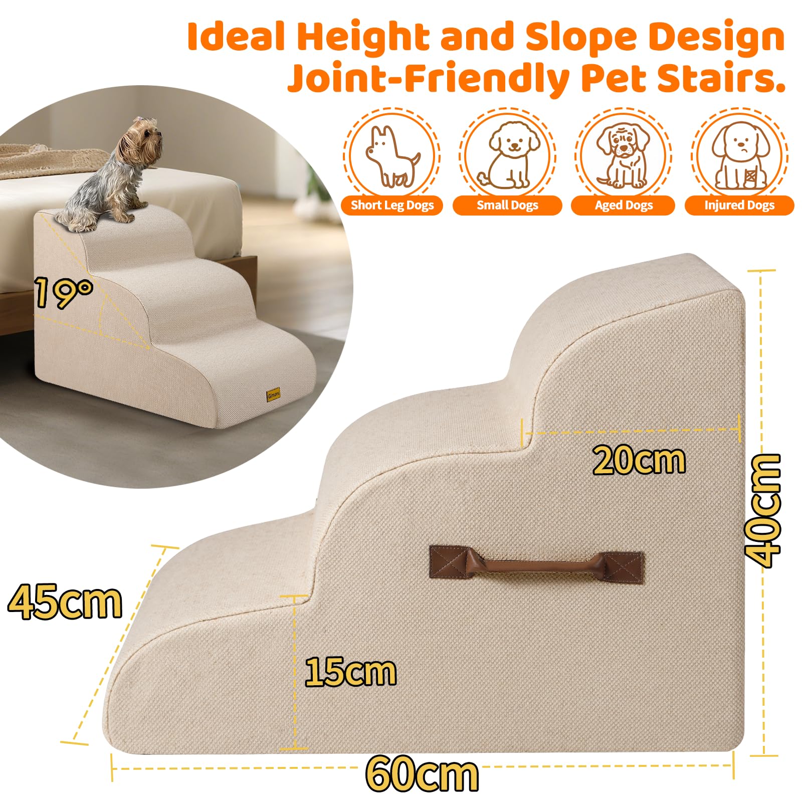 Gimars Escaleras de Espuma 30D de Alta Densidad y Extra Anchas, estables de 3 peldaños para Perros, escaleras para Mascotas de 40 cm de Alto con Cubierta Lavable y Base Antideslizante, rampa portátil