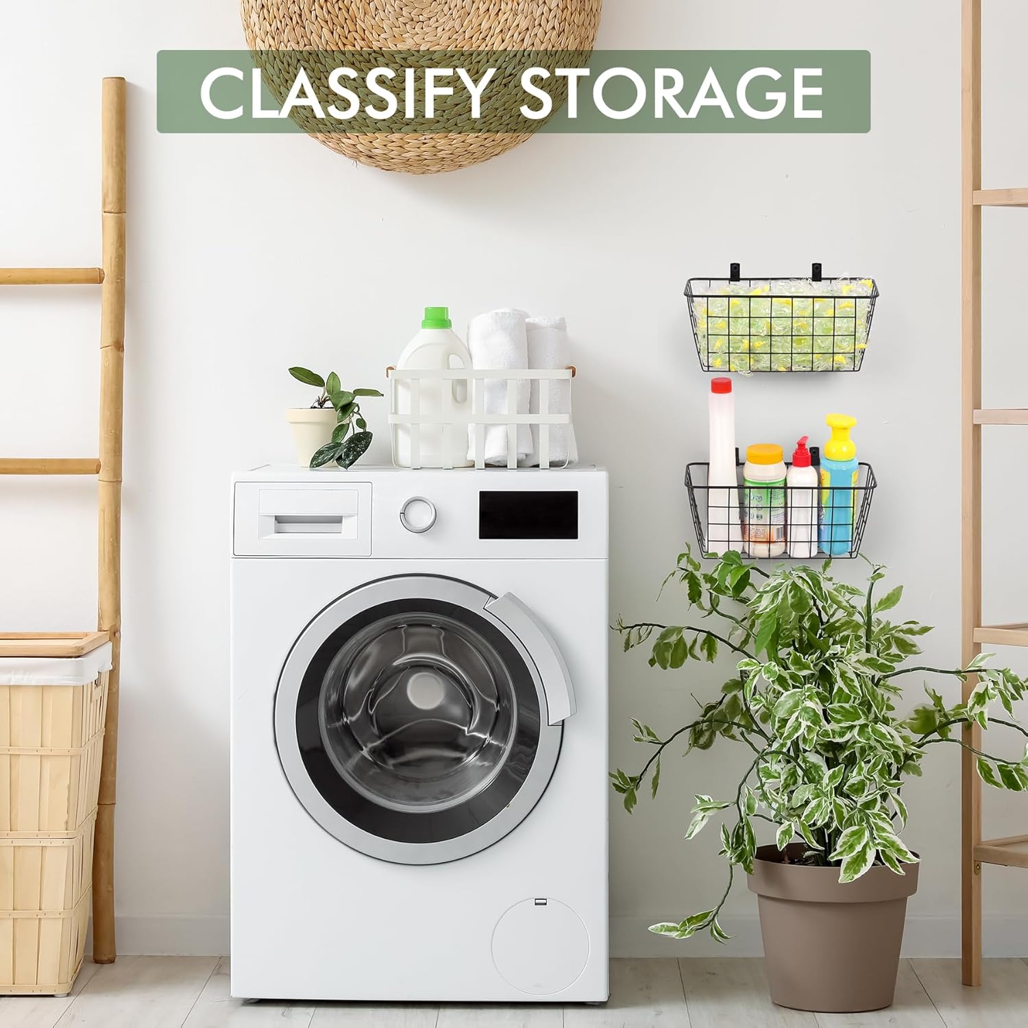 Wire Hanging Wall Basket, 4 Black Baskets Set Adhesive Wall Mount Organizer for Pantry Kitchen RV Bathroom Cabinet Storage Organization