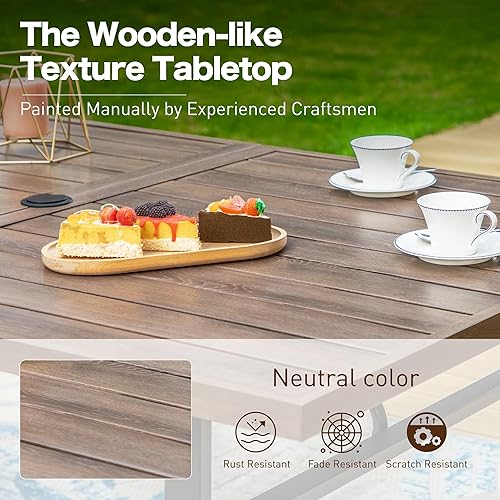Miniatura 5 de Mesa de comedor de patio de 64 pulgadas para 6 personas, mesa rectangular de color teca con agujero para paraguas, revestimiento electrónico y