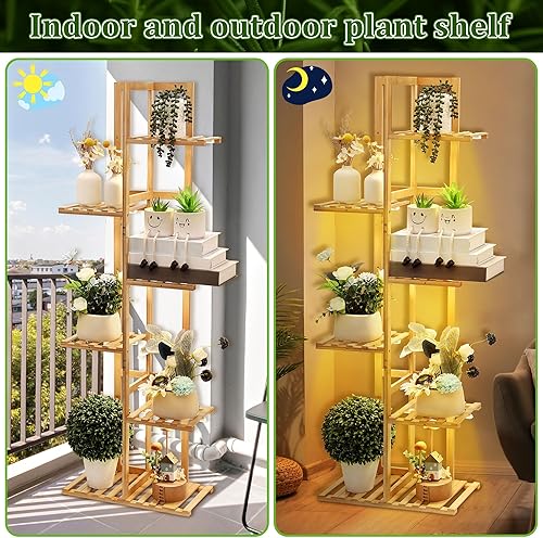 Miniatura 3 de Dreyoo Soporte para plantas de 48 pulgadas con luz de crecimiento, 6 niveles para 7 macetas, soporte para plantas para sala de estar o patio,