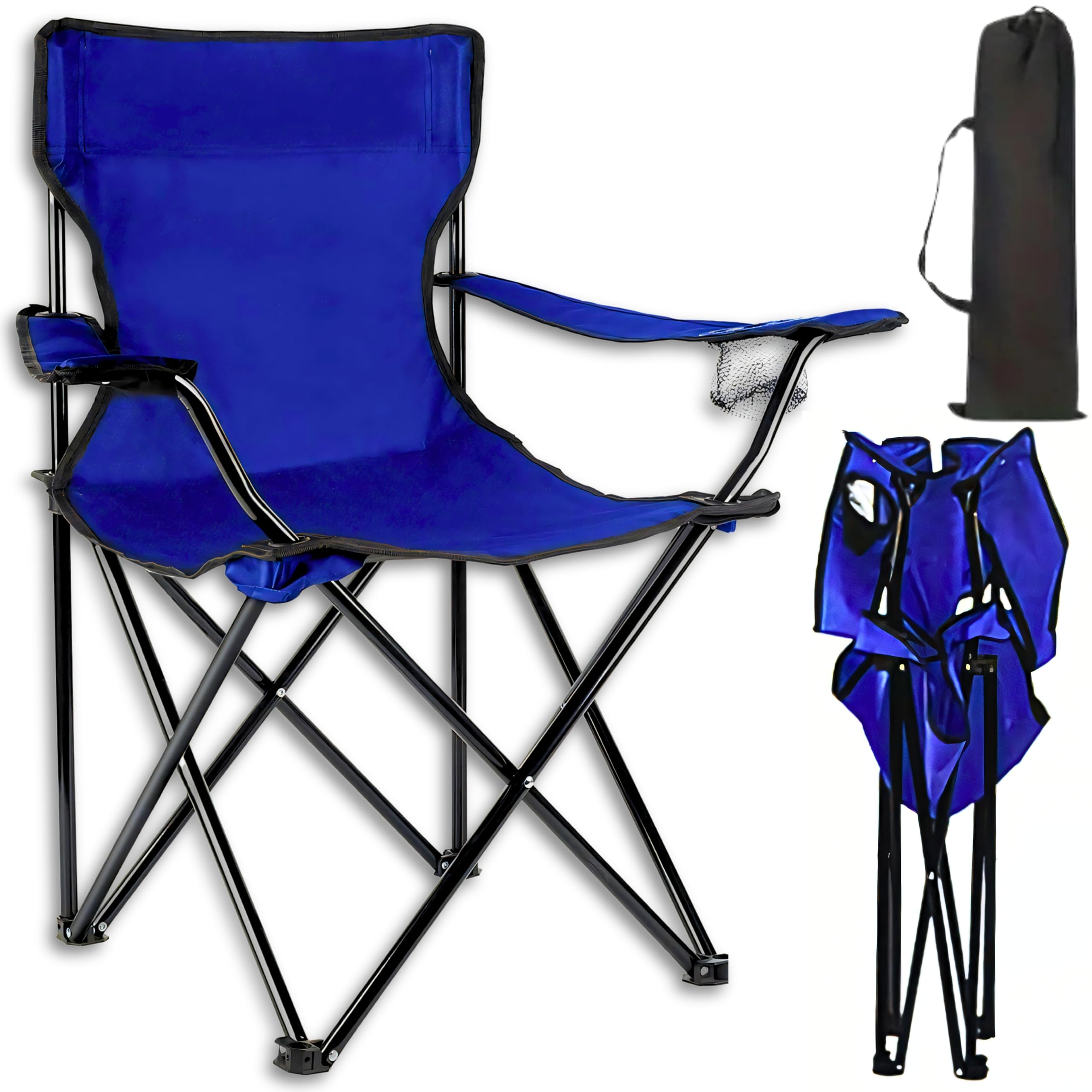 E-storeFolding Camping Chair - Portable Foldable Nylon Outdoor Chair with Carry Bag, Lightweight Chair for Fishing, Beach, Picnic, Lawn, Kids Sports, Durable 220LB Capacity, Compact Design, Dark Blue
