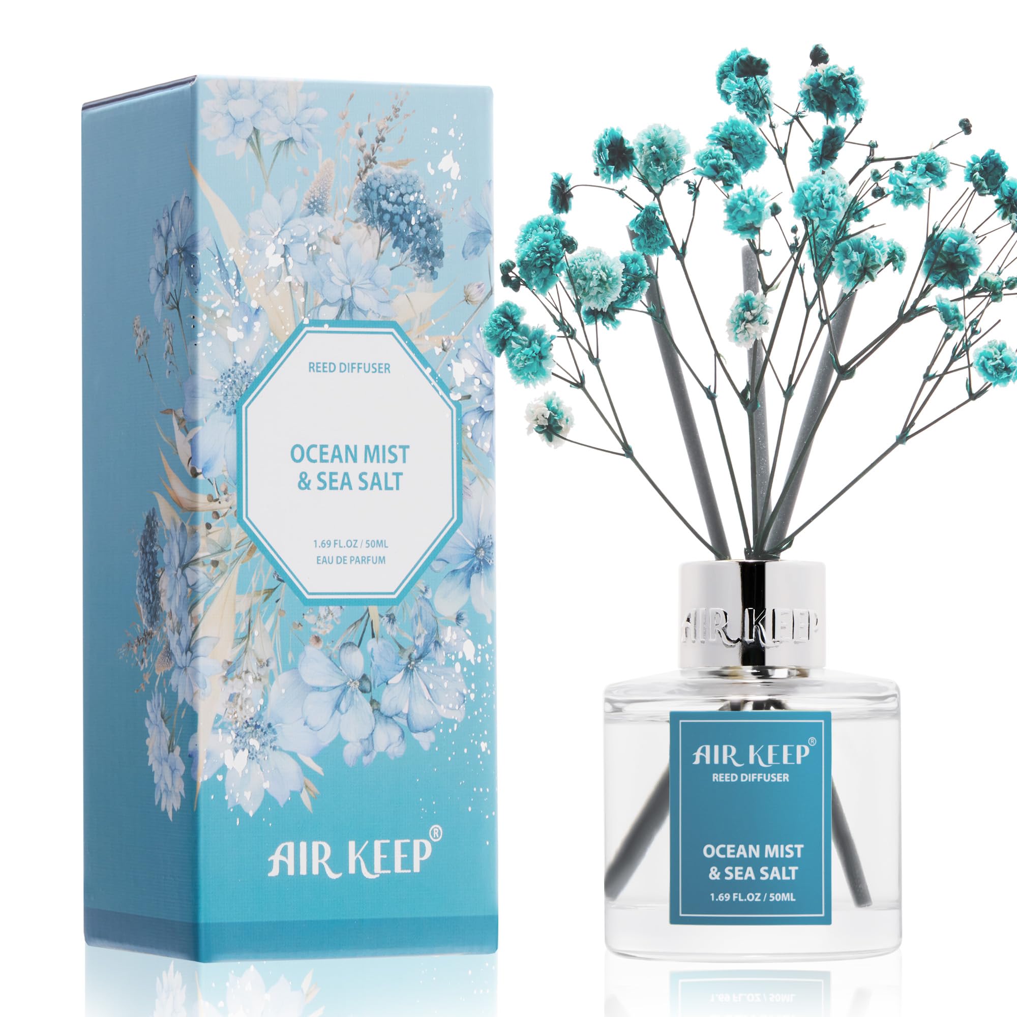 Airkeep Reed Diffuser Set,1.69 fl oz (50 ml) - Ocean Mist&amp;Sea Salt Oil Diffusers with 8 Reed Sticks,Home Fragrance Reed Diffuser for Bathroom Shelf DecorSALT