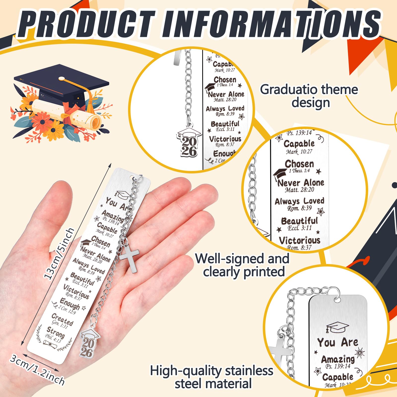 Skyygemm 12 Pcs Metal Graduation Inspirational Bible Verse Christian Bookmarks Cross Chain Class of 2026 Graduation Gifts Christian Religious Gifts for Him Her College High Middle School Students Grad