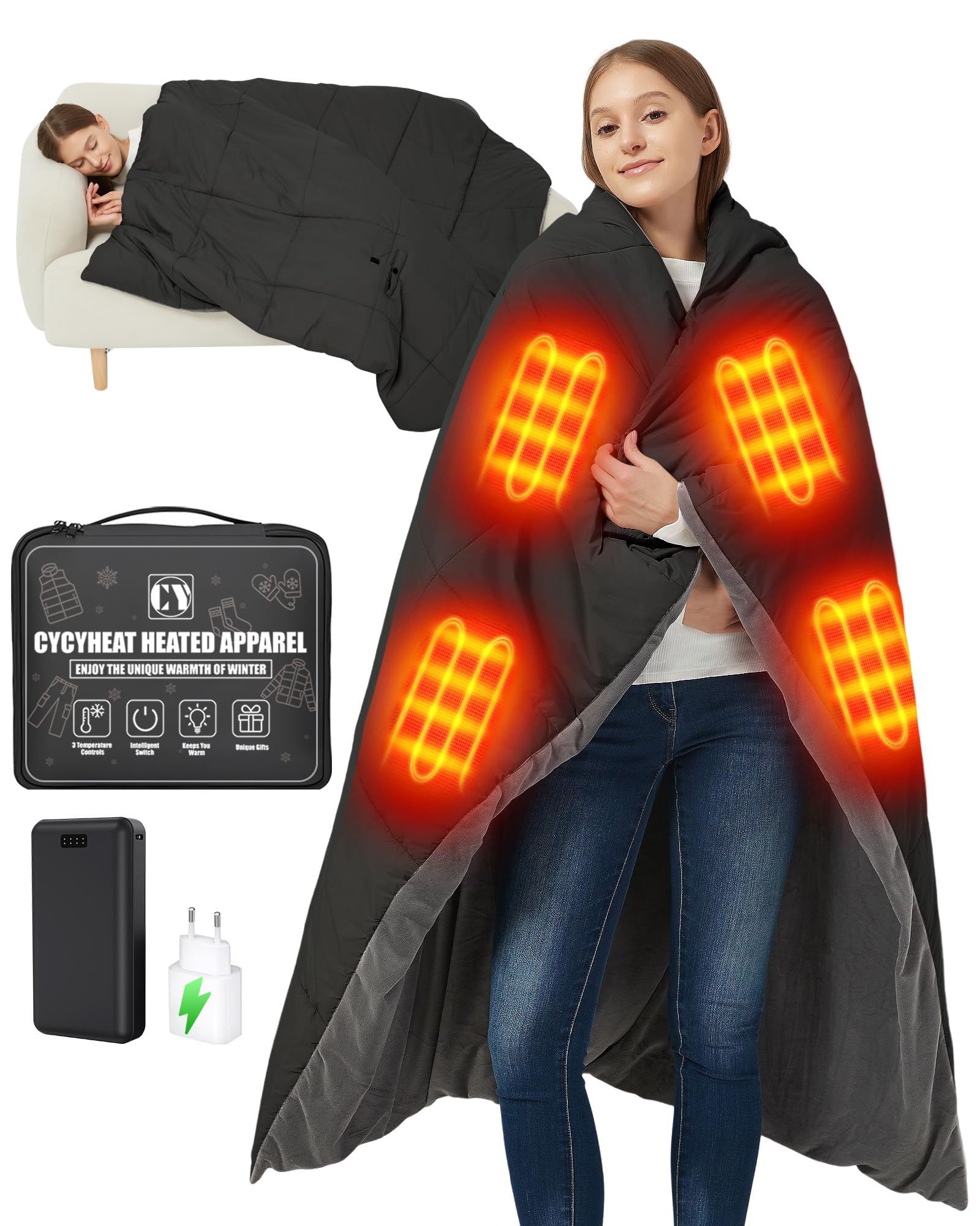 CYCYHEAT 7.4V 20000mAh Akku Heizdecke Kabellos für Herren Damen, Elektrische Wärmedecke Tragbar mit 8 Heizzonen und 3 Temperaturstufen für Zuhause & Büro