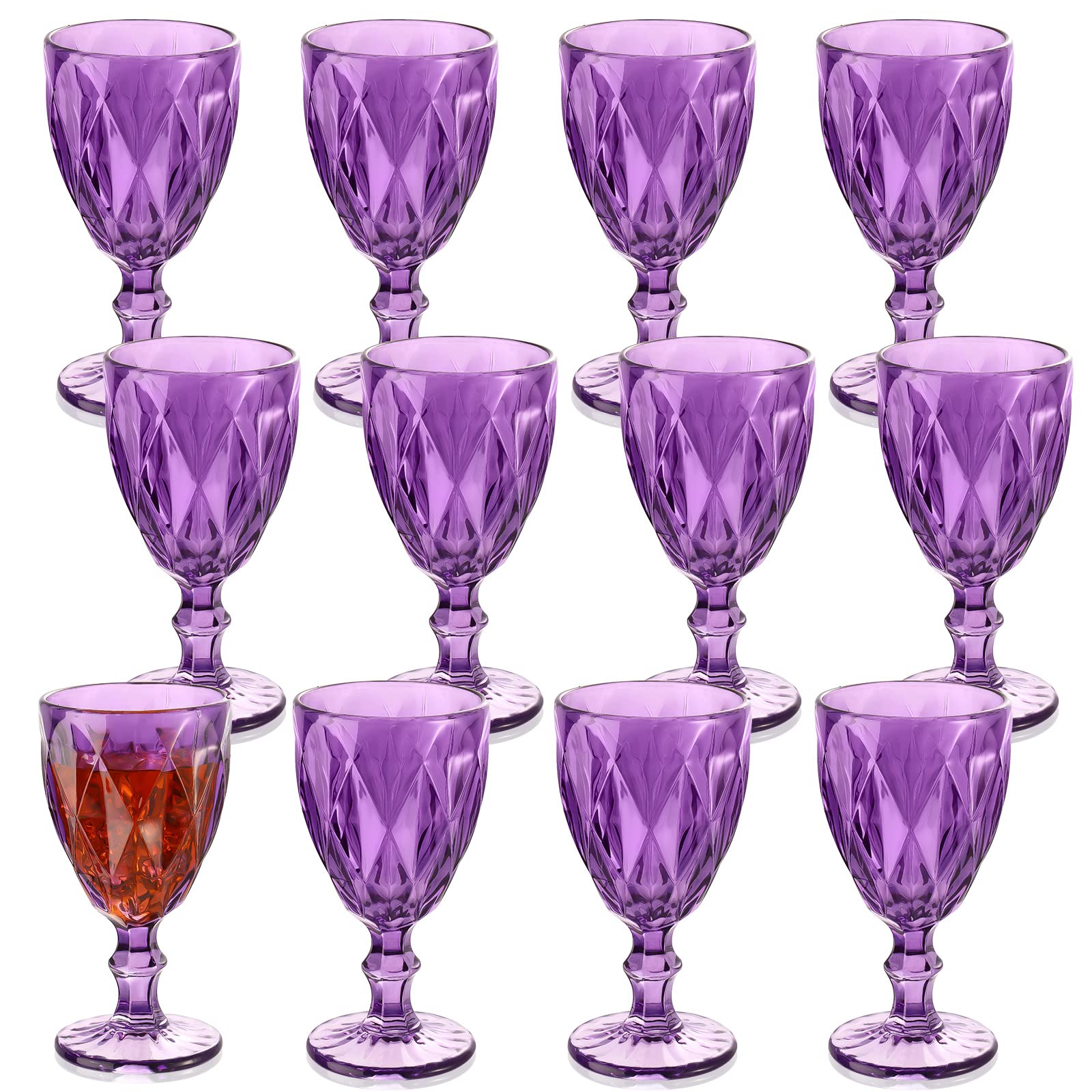 Yinder 12 Pack Glass Goblet Vintage Wine Goblet Embossed Glassware 10 oz Solid Color Glass Goblet for Iced Tea Beverage Stemmed Cups Soda Juice Water Liquor and Party Wedding Bars Restaurants (Purple)