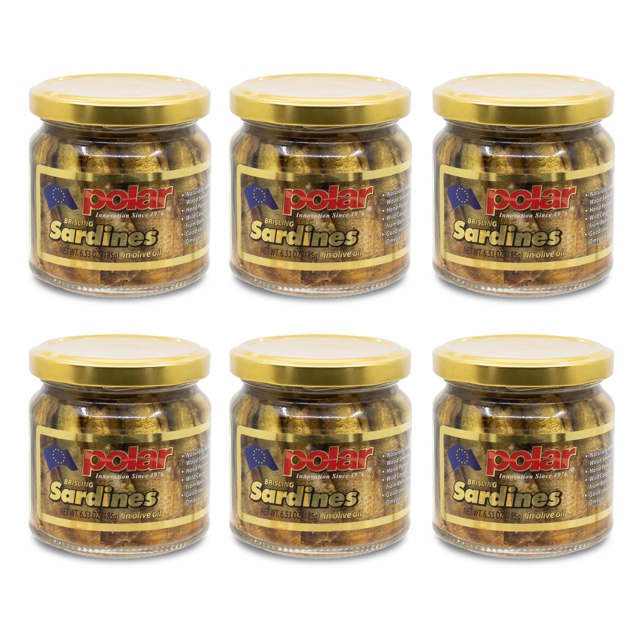 MW Polar Naturally Alder Wood Smoked Brisling Sardines in Olive Oil, 6.5oz Jar (Pack of 6) | Kosher Friendly, Wild-Caught, Hand-Packed, High in Omega-3, Keto, Paleo, Gluten-Free, Non-GMO